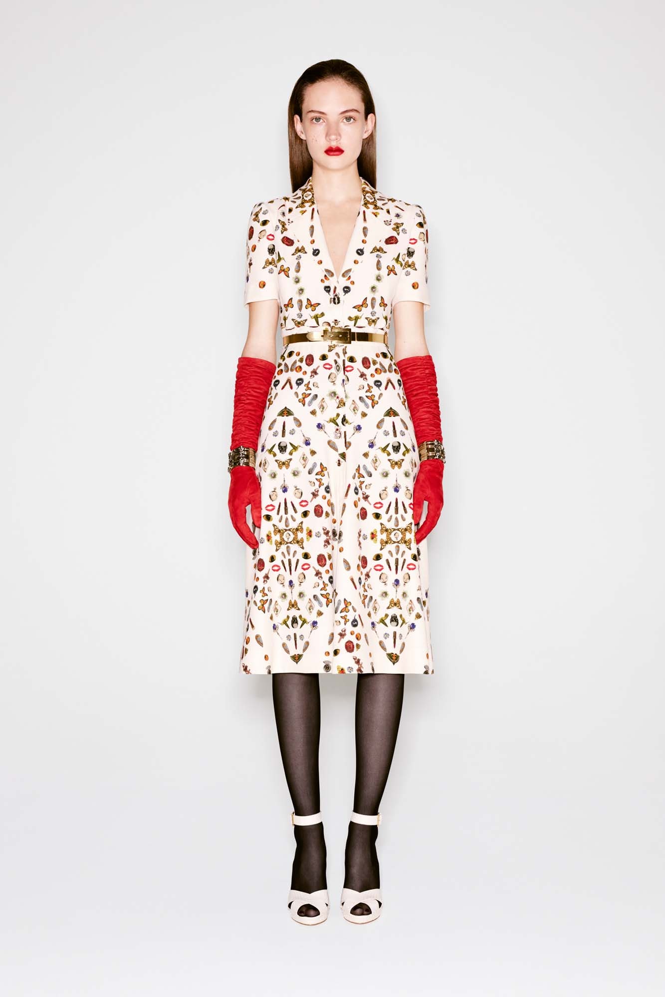 floral midi dress with red gloves