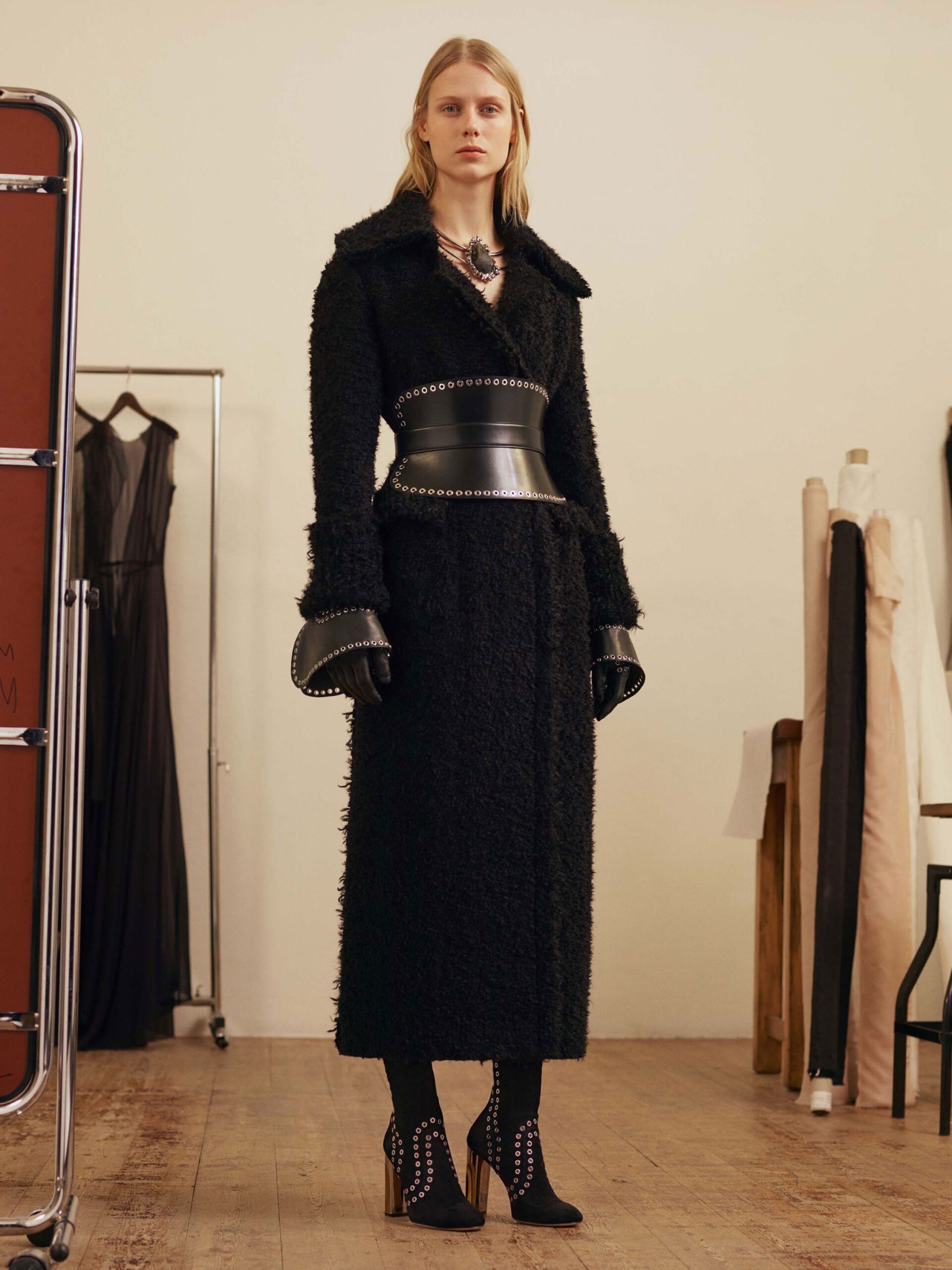 black wool long-sleeve collared fitted belted textured coat