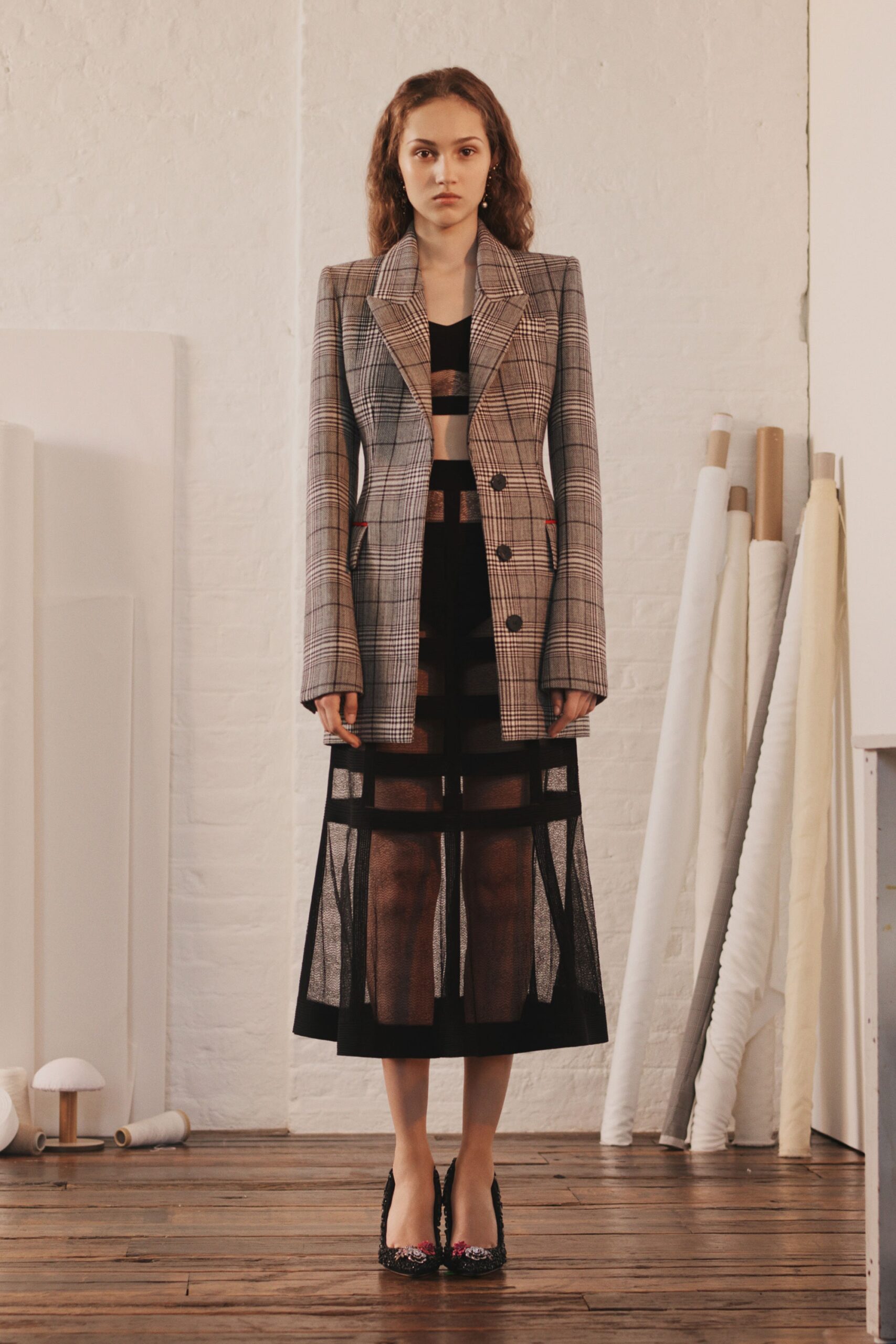 gray checked tailored blazer and black sheer skirt
