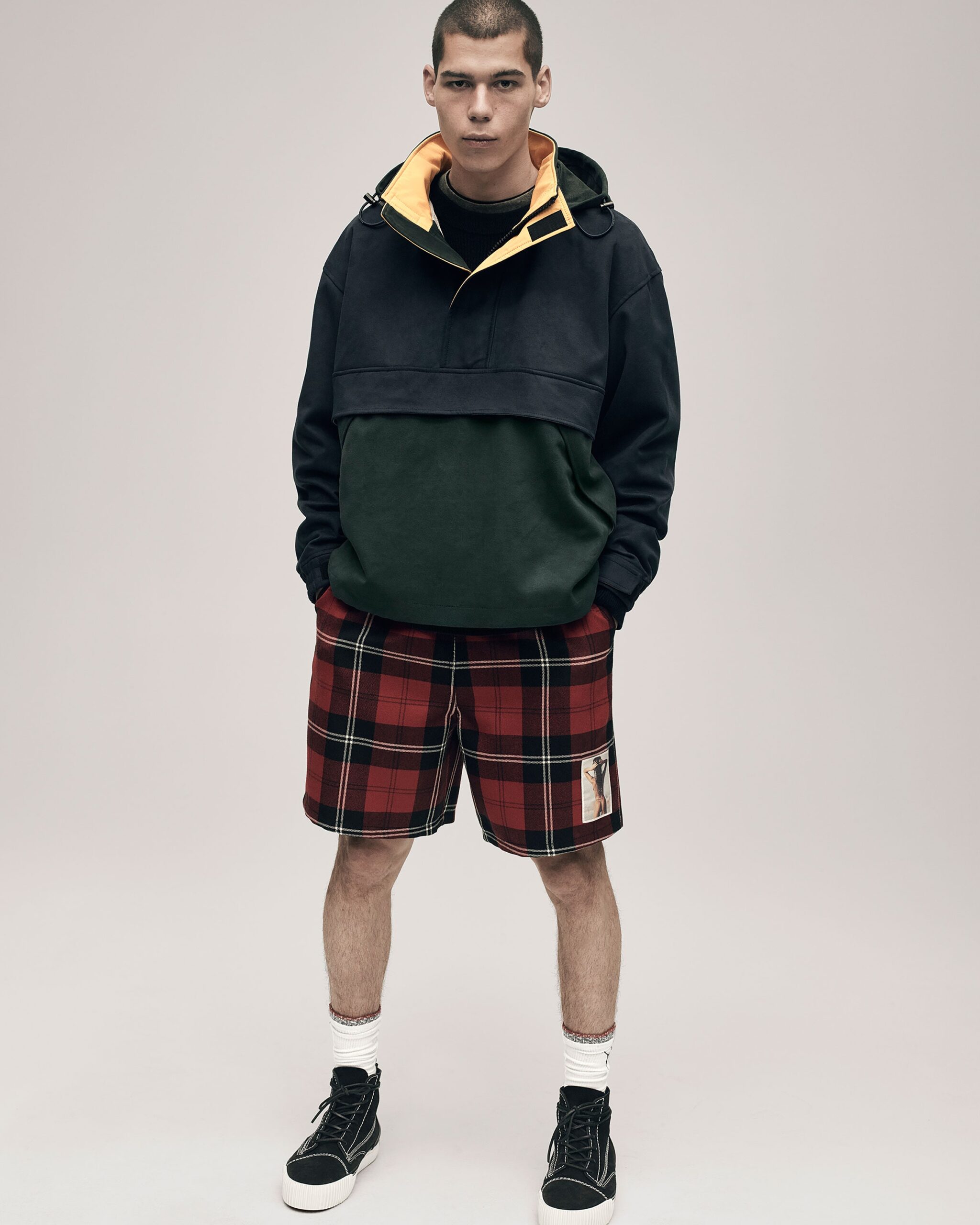 color-blocked hoodie with plaid shorts