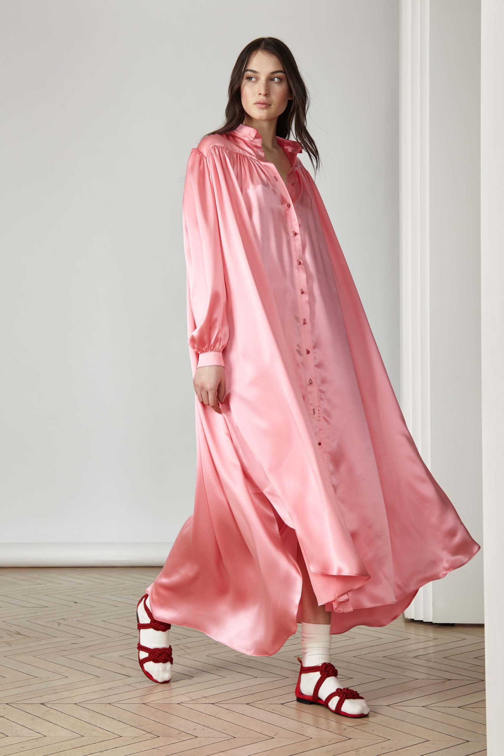 pink silk long-sleeve collared relaxed buttoned tiered dress