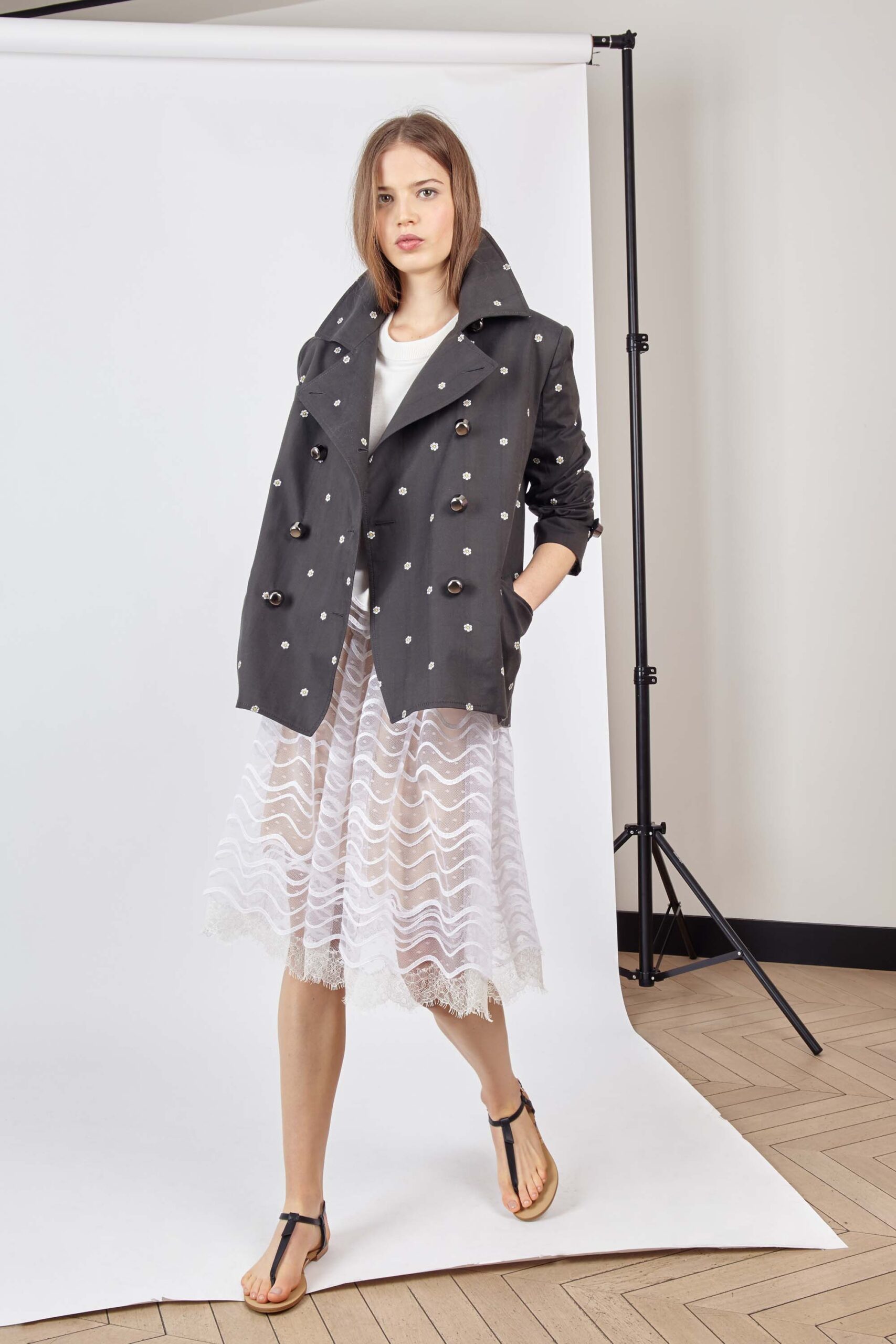 gray jacket white lace skirt