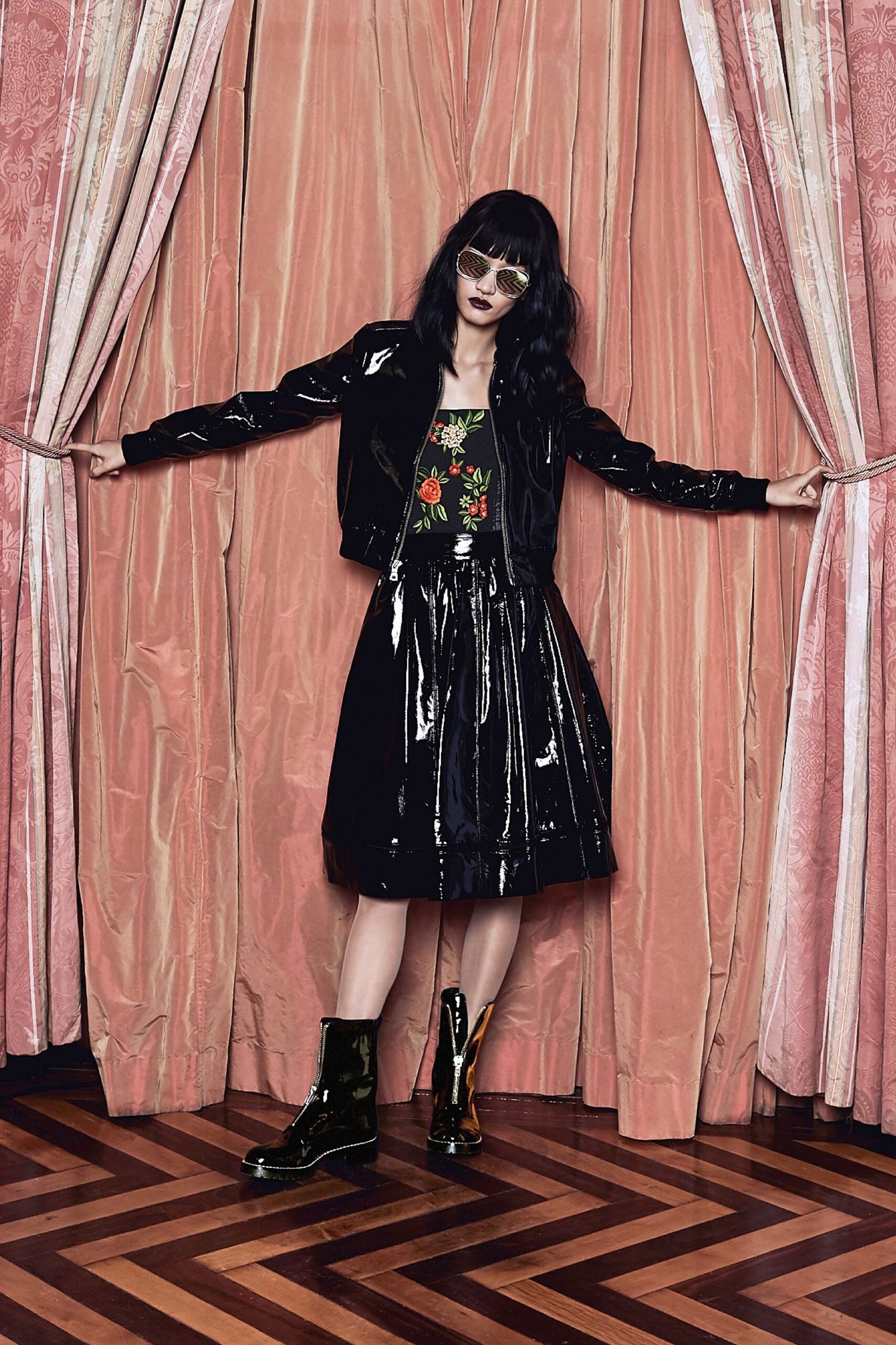 black vinyl jacket and skirt