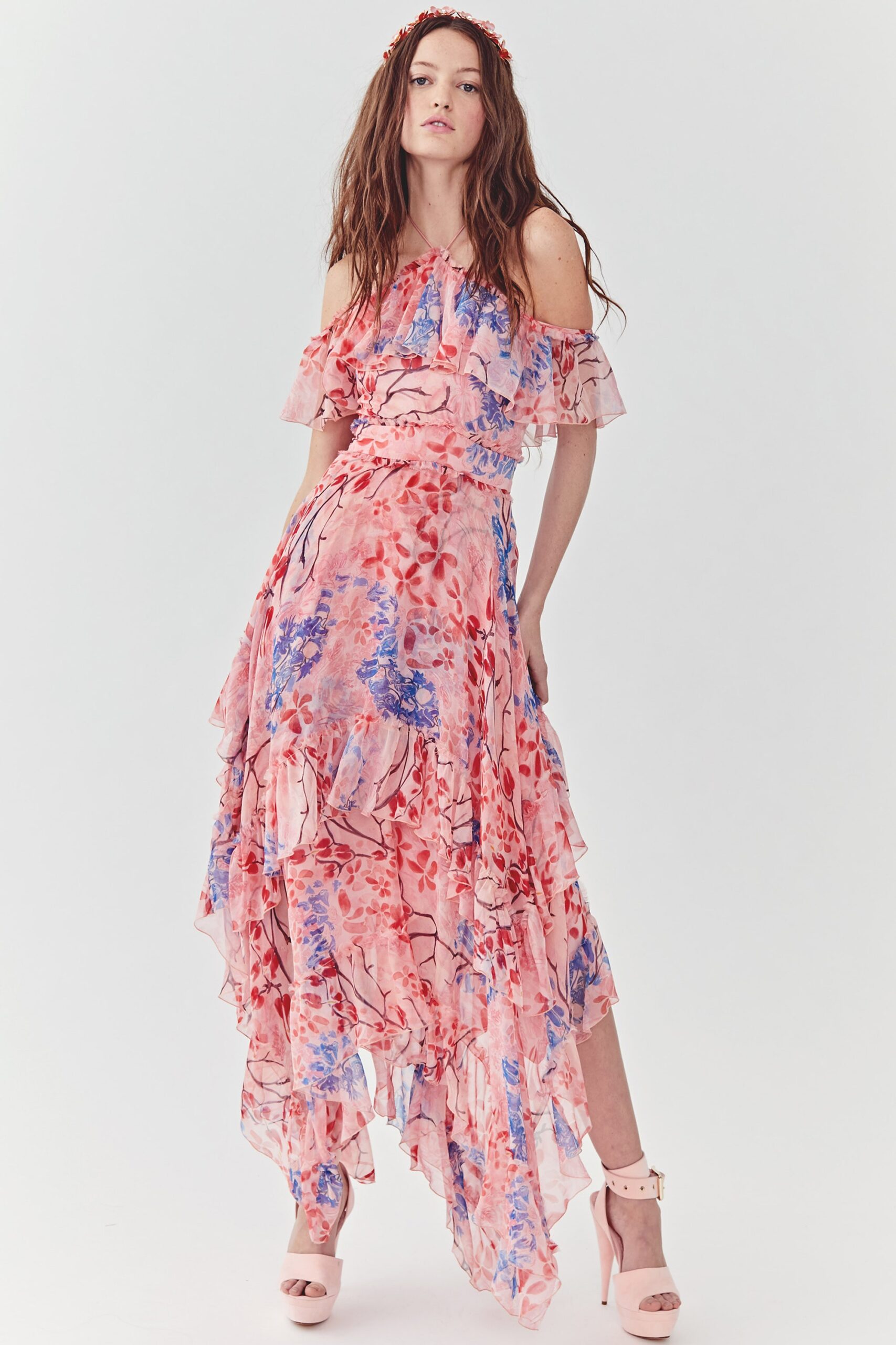 pink floral off-shoulder dress