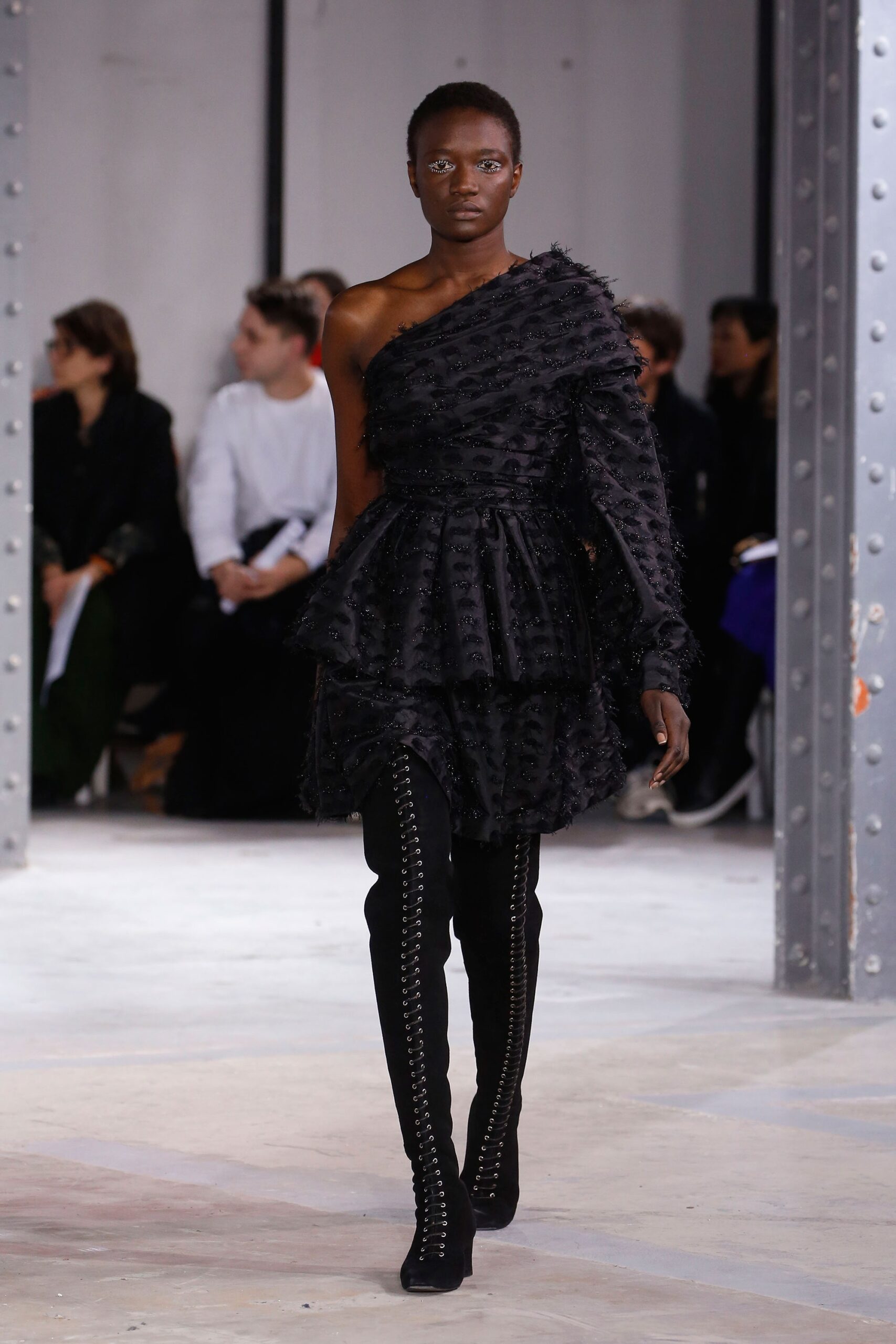 black asymmetric ruffled dress