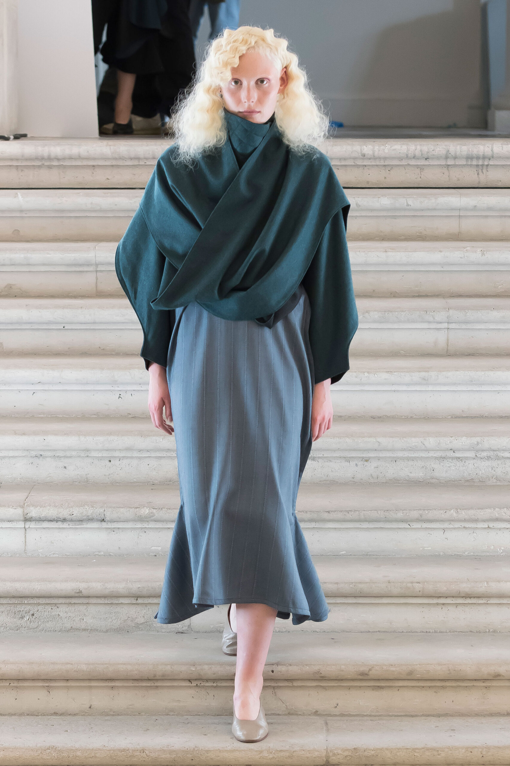 green wool long-sleeve high-neck relaxed draped top