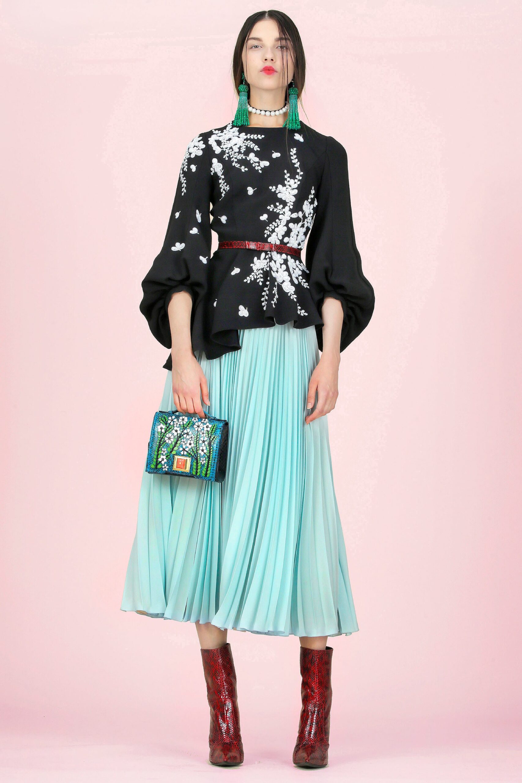 teal silk fitted pleated midi skirt