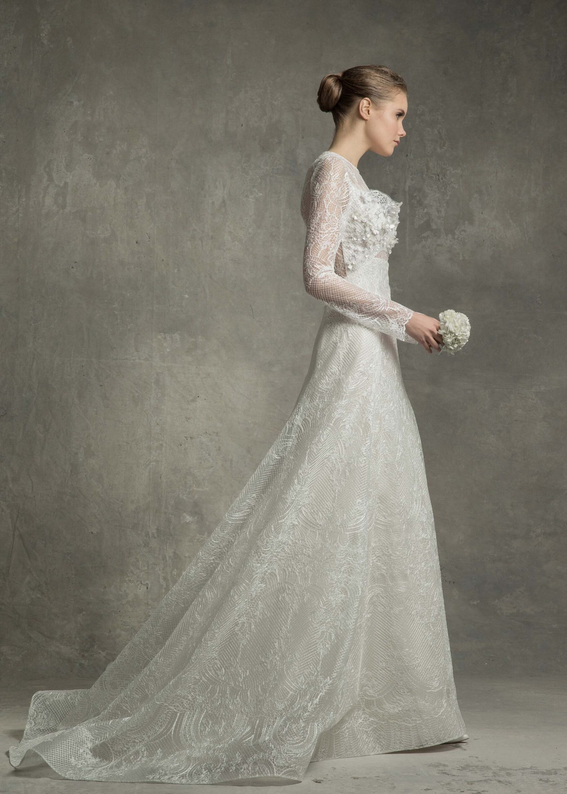 white lace long-sleeve gown