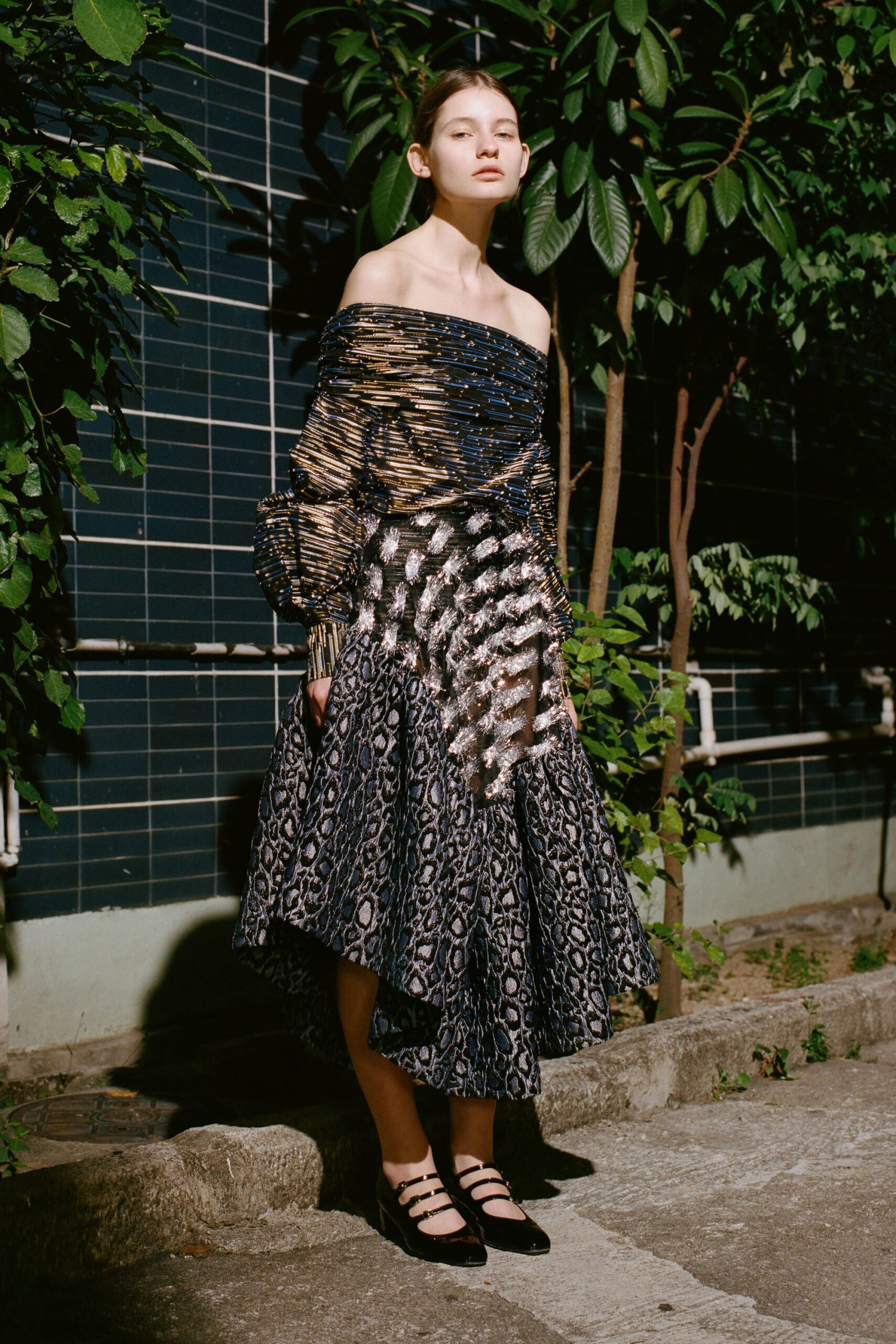 black and gold off-shoulder midi dress