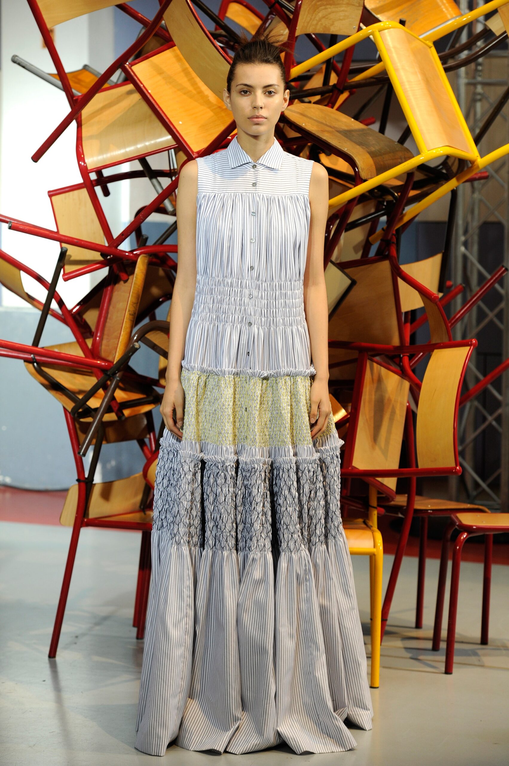 blue and white tiered maxi dress