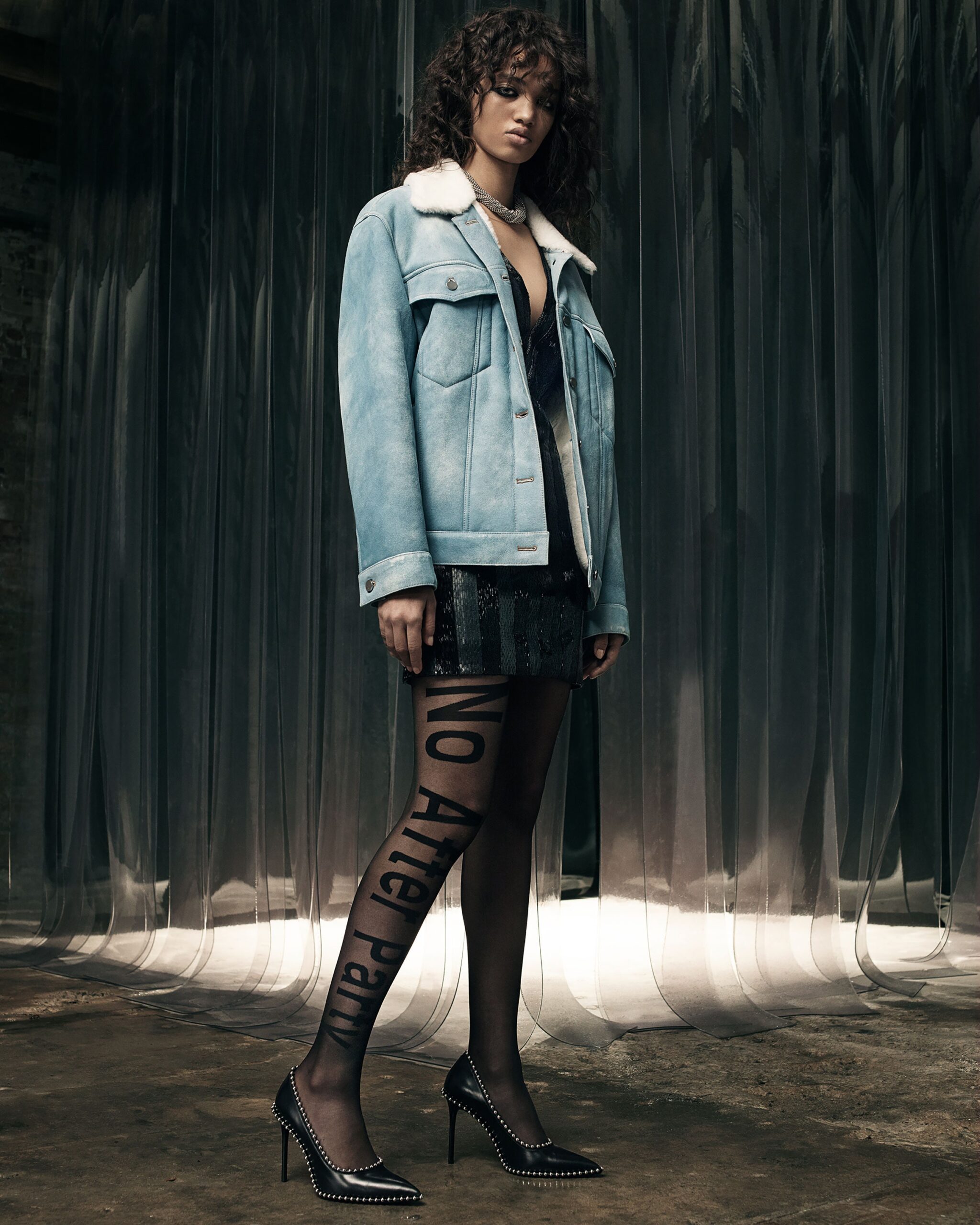 blue denim jacket with black dress