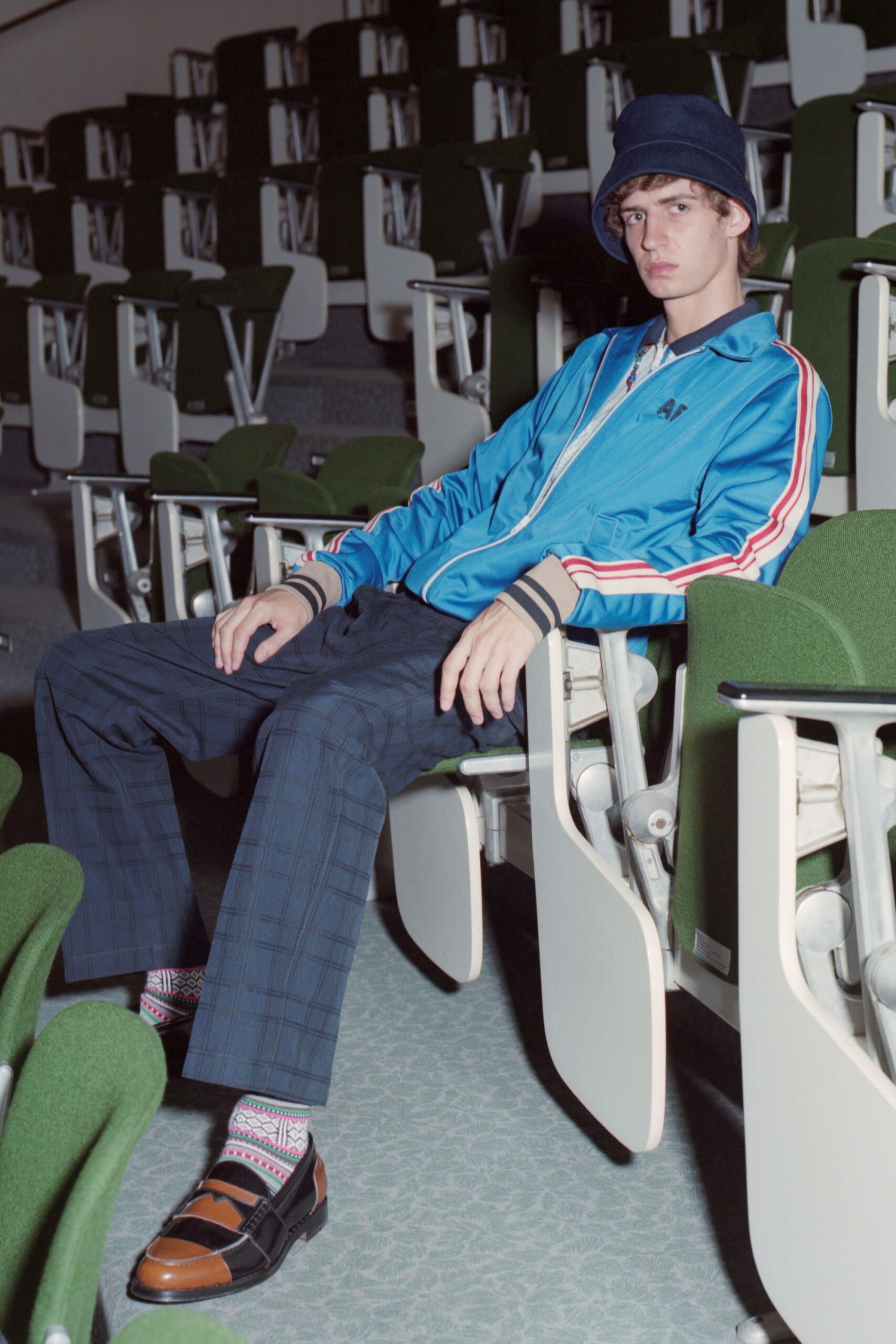 blue cotton jacket with tailored pants