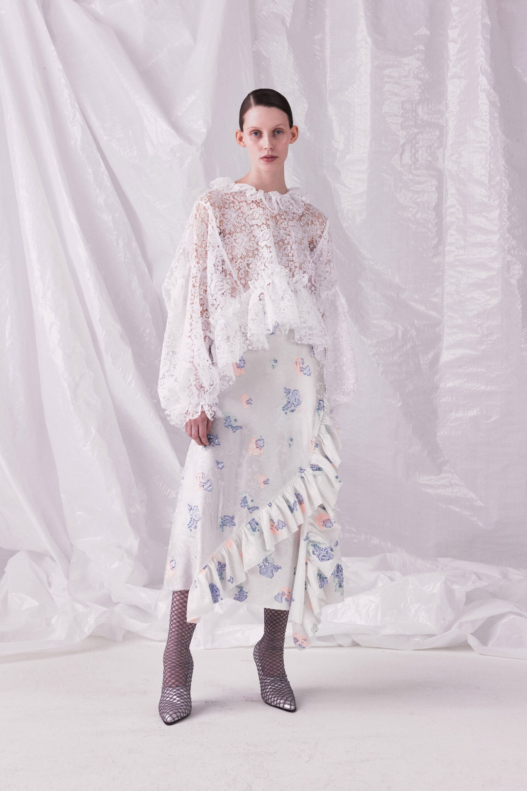 white lace blouse and midi skirt