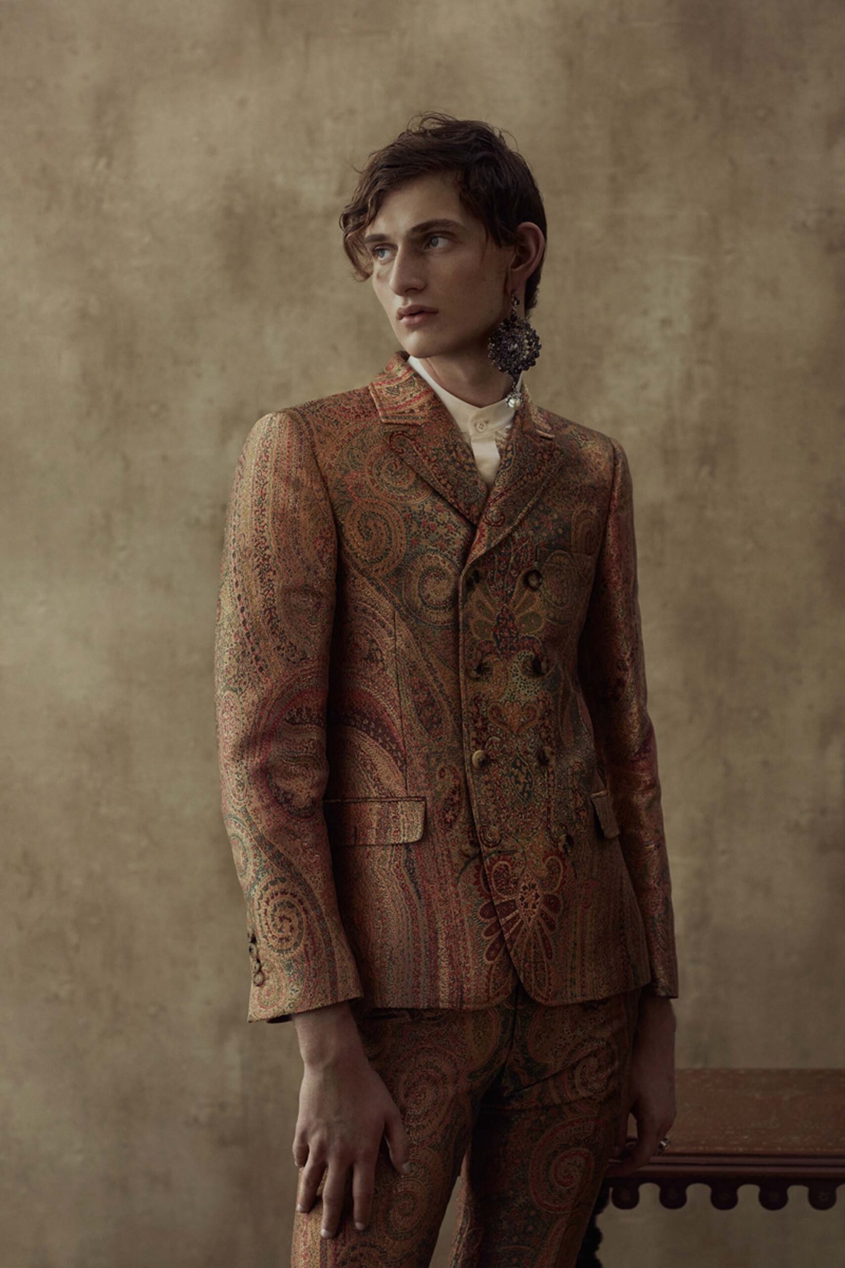 brown and gold printed suit
