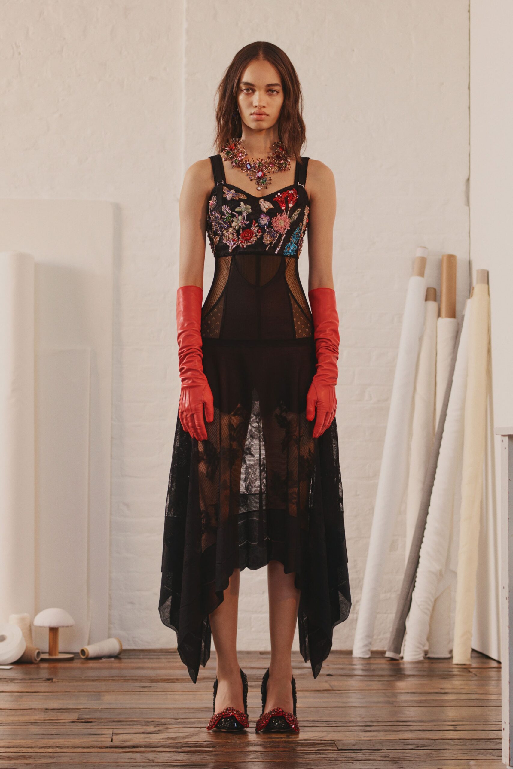 black lace embroidered midi dress