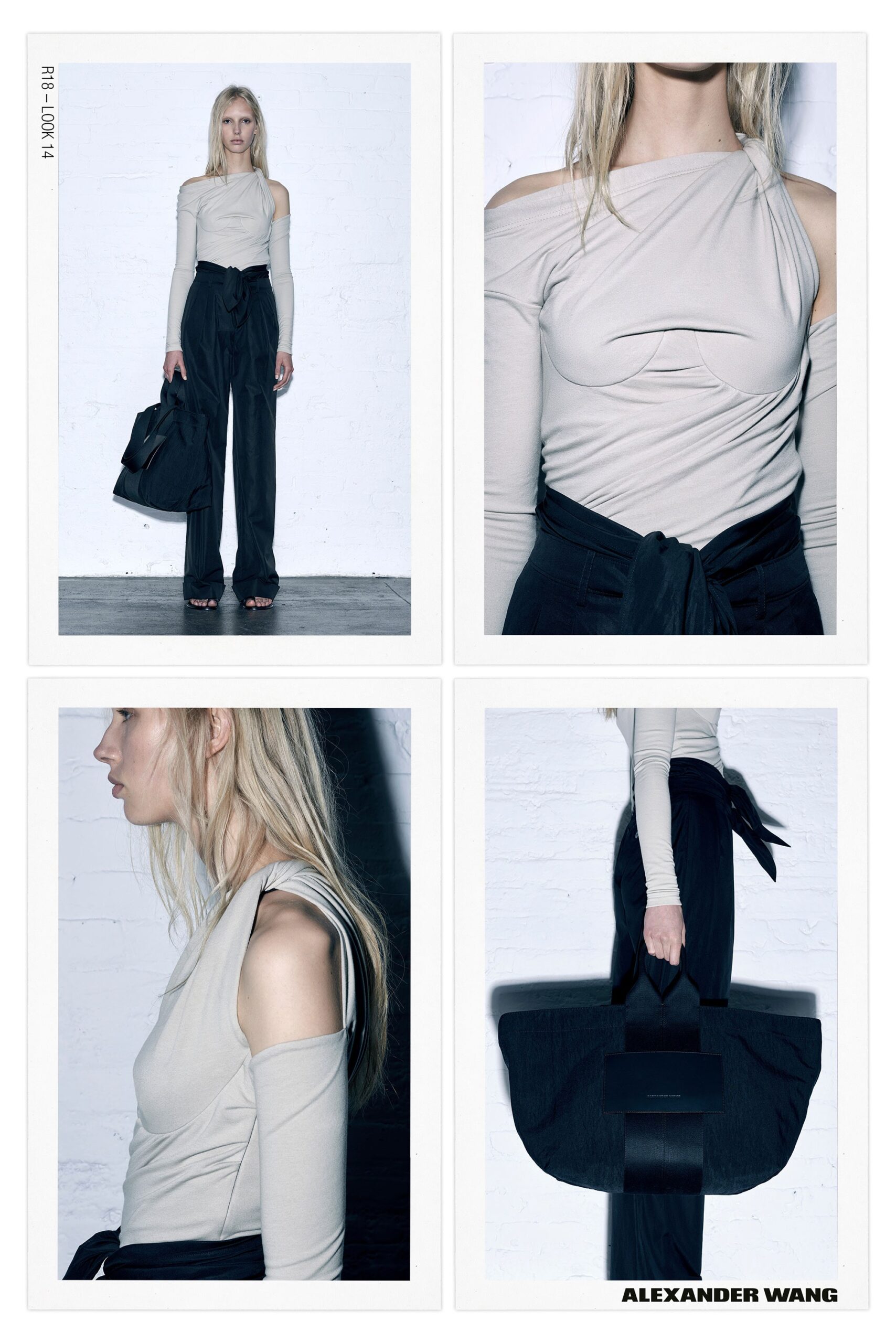 beige off-shoulder top with black pants