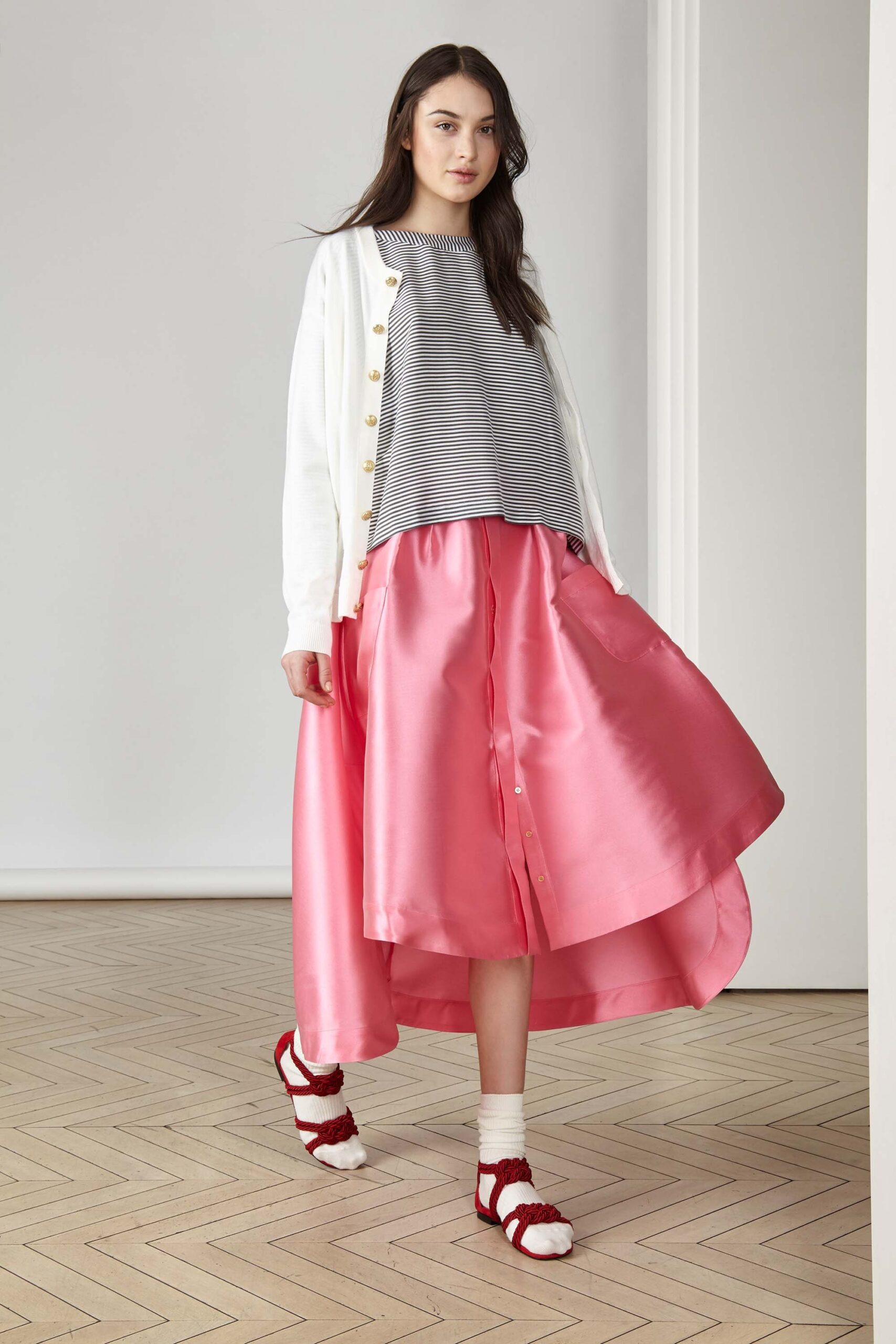 pink silk fitted high-waisted buttoned tiered flowing skirt