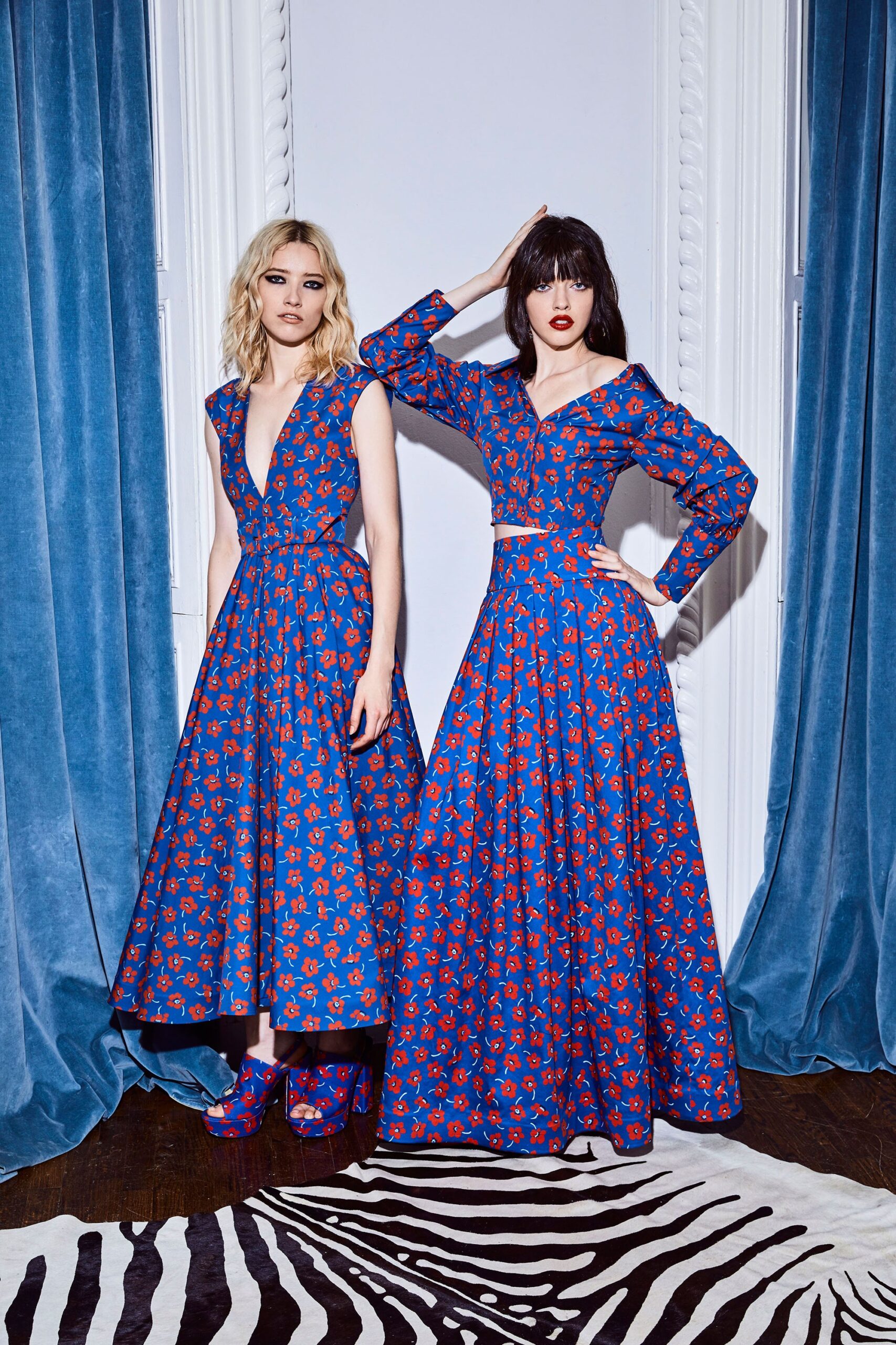 blue and red floral midi dresses