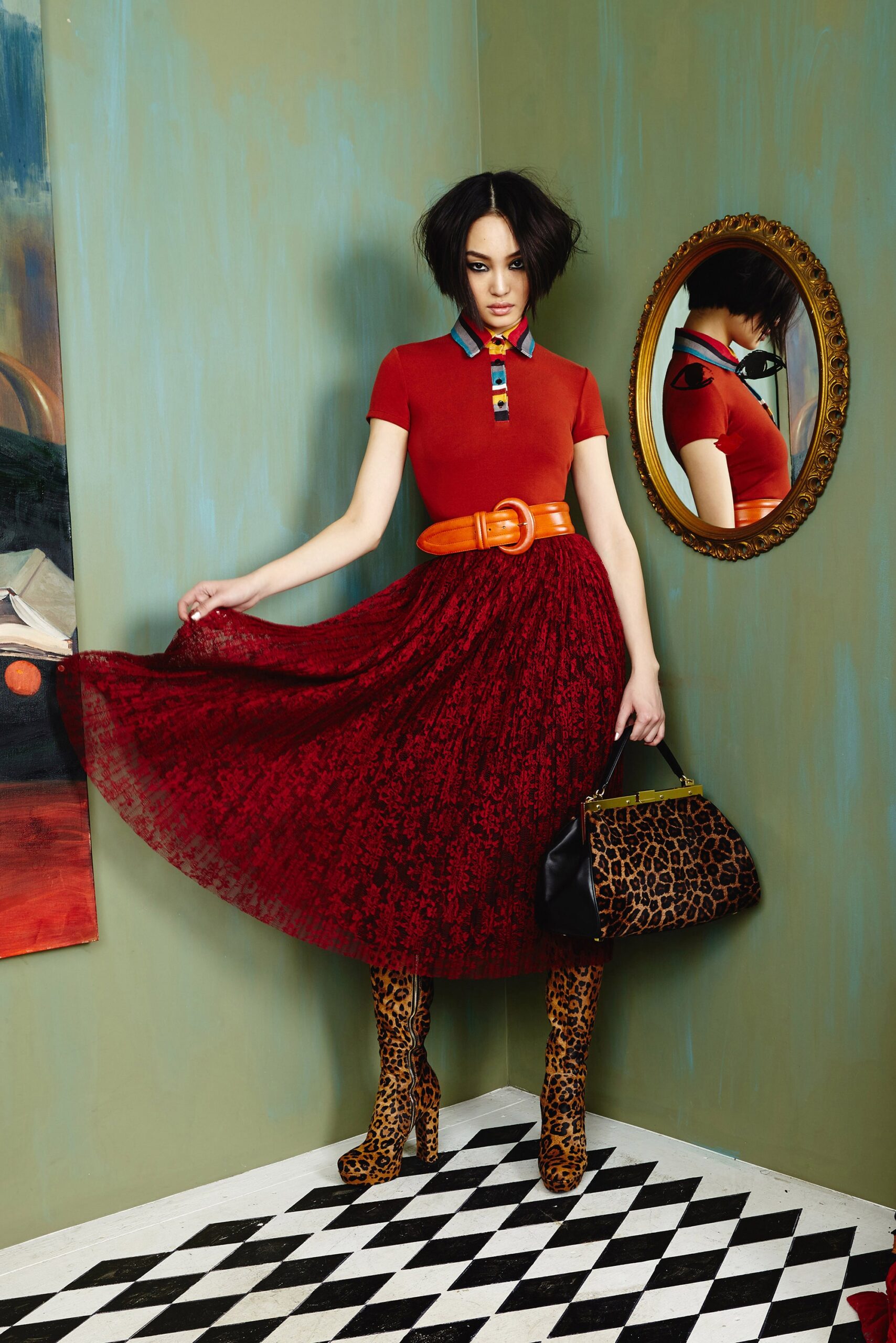 red top and lace skirt