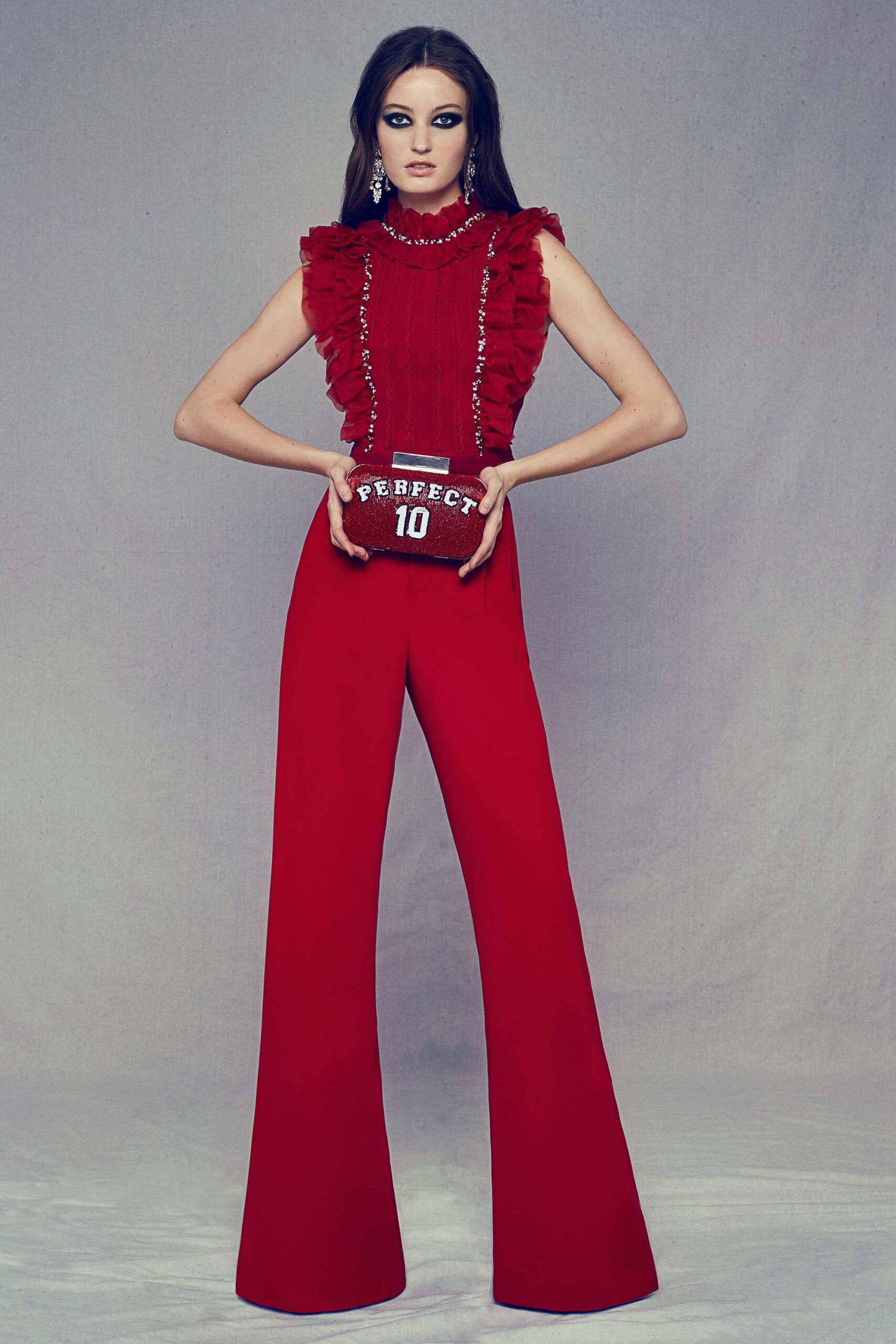 fitted red top and flared pants