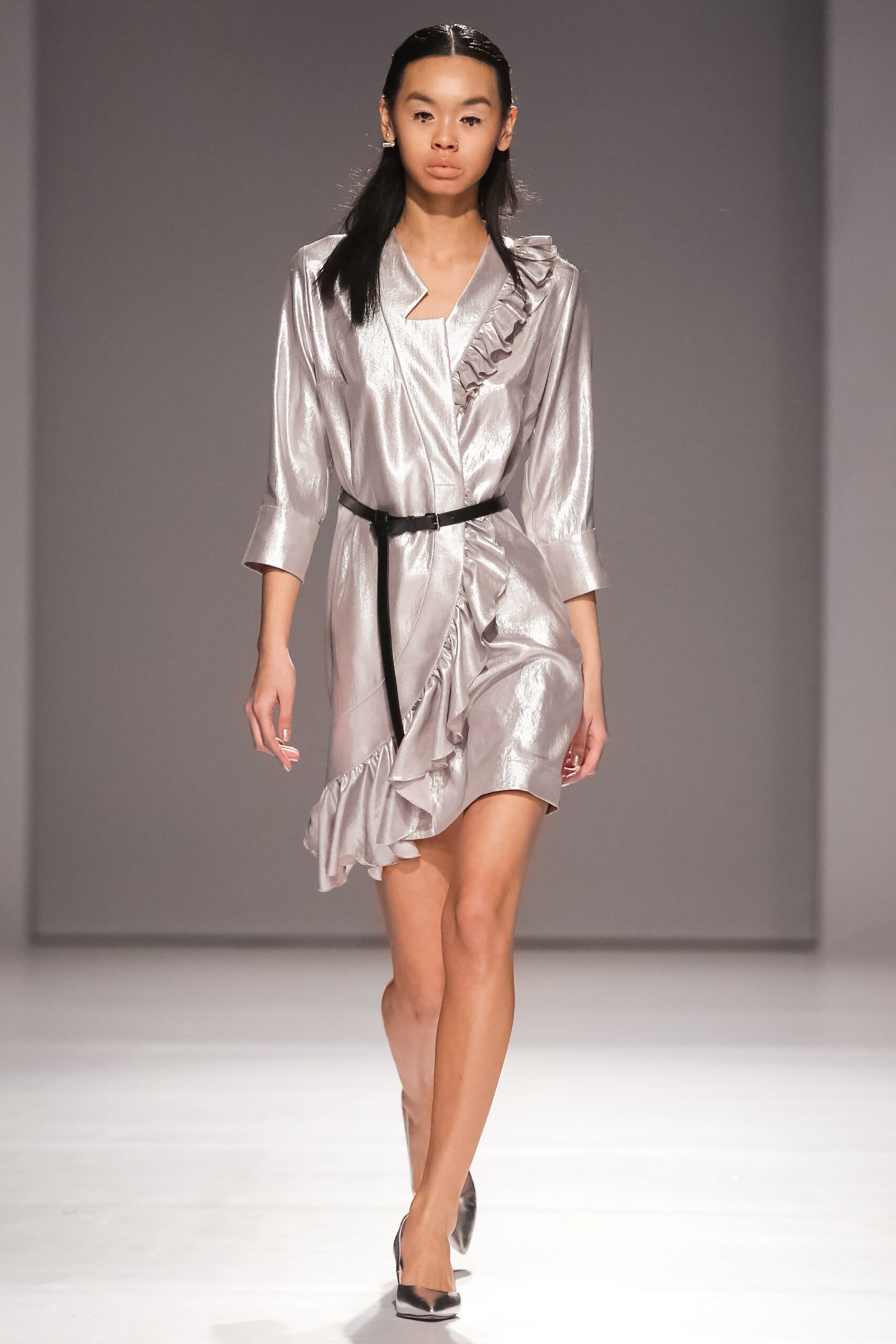fitted silver satin dress