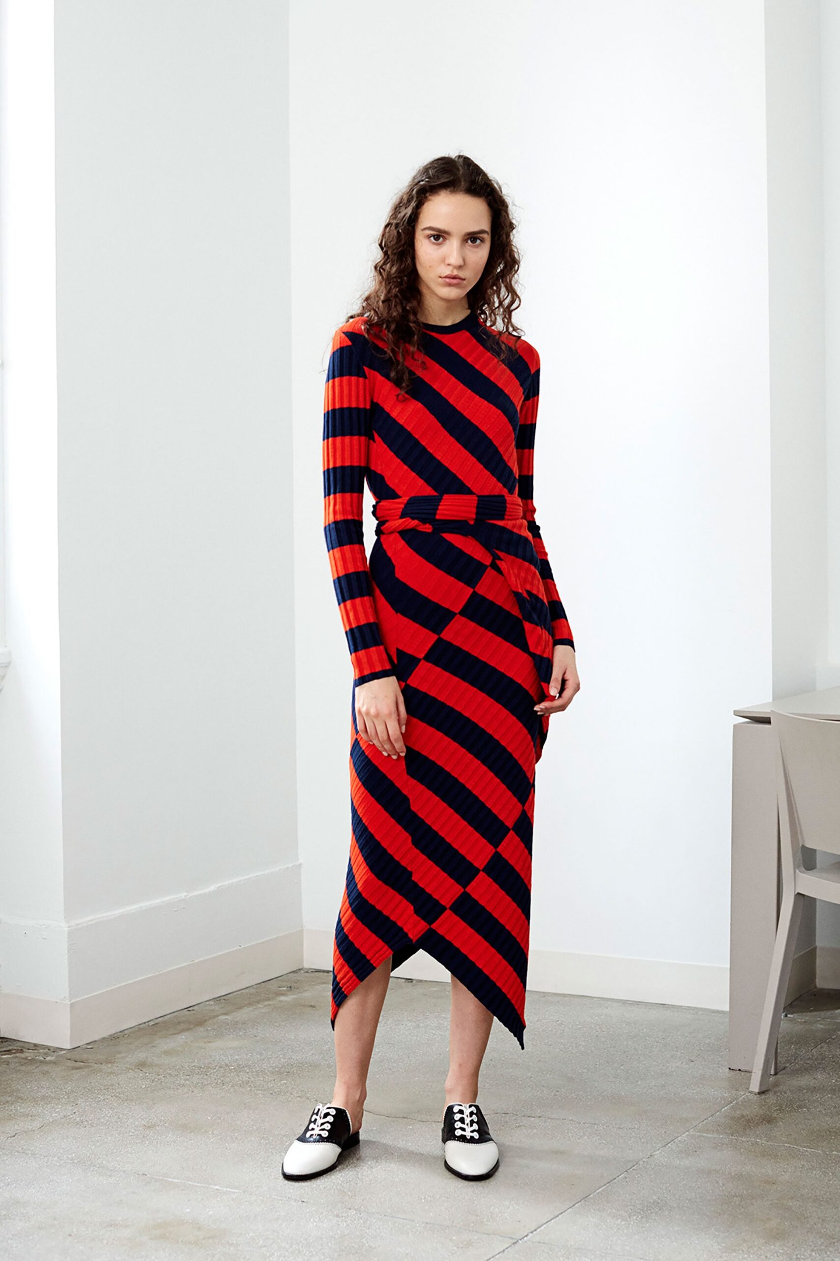 red and blue striped midi dress