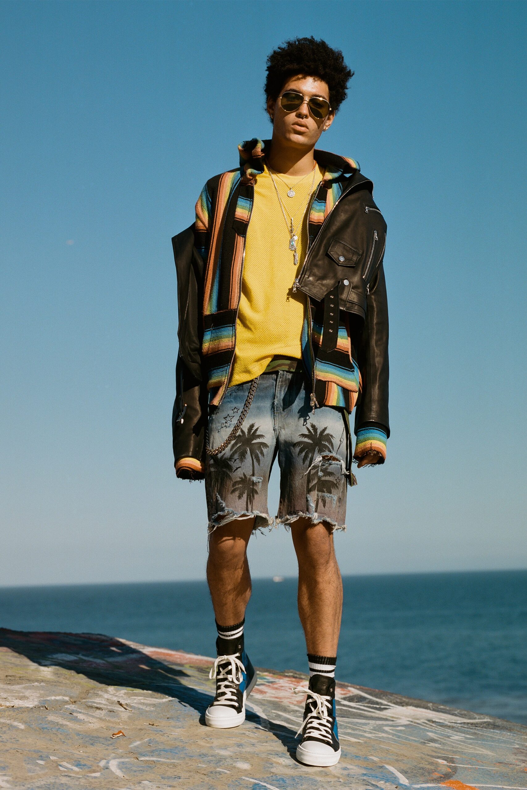 black leather jacket with yellow top