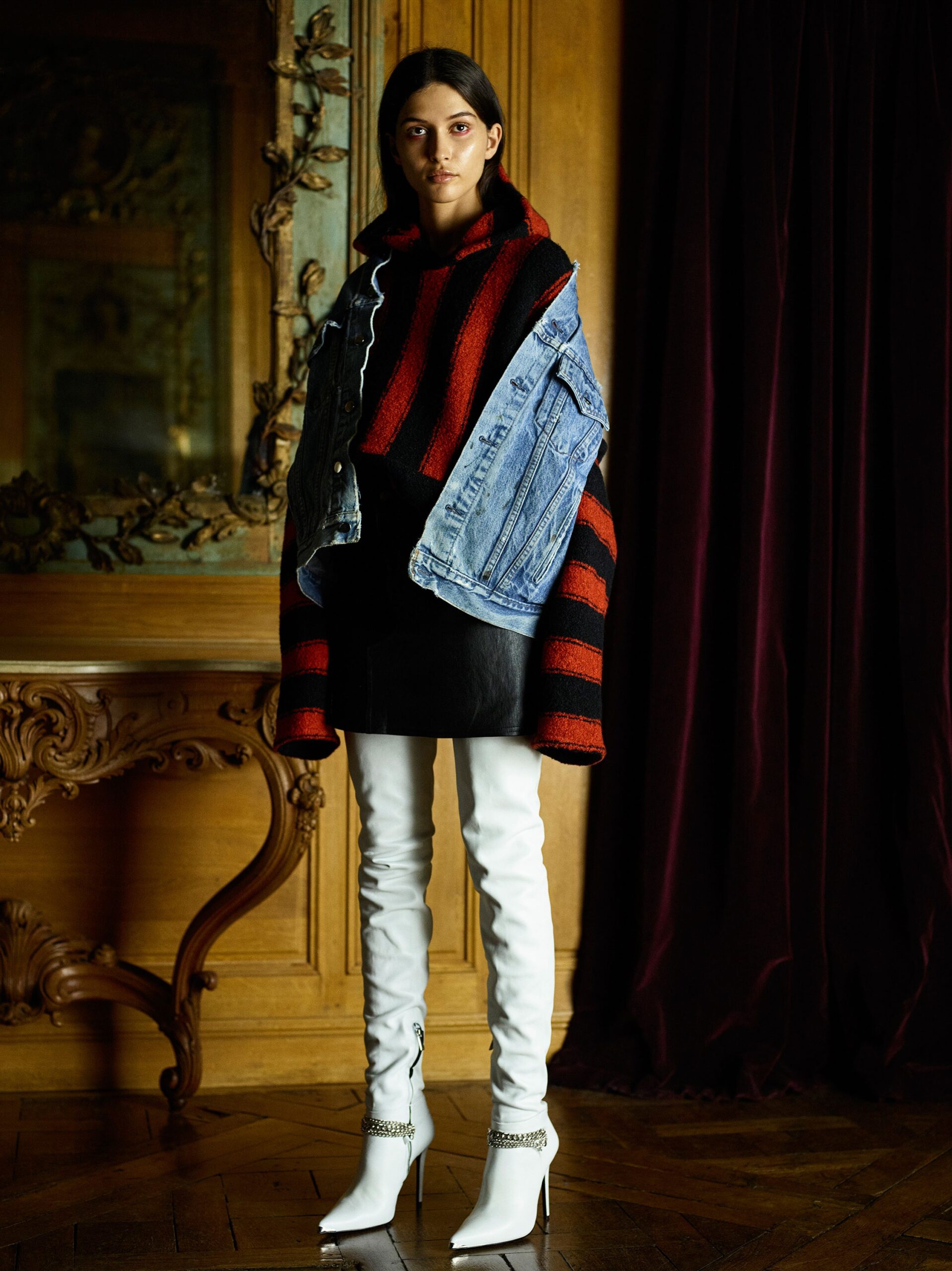 red wool long-sleeve collared oversized striped coat