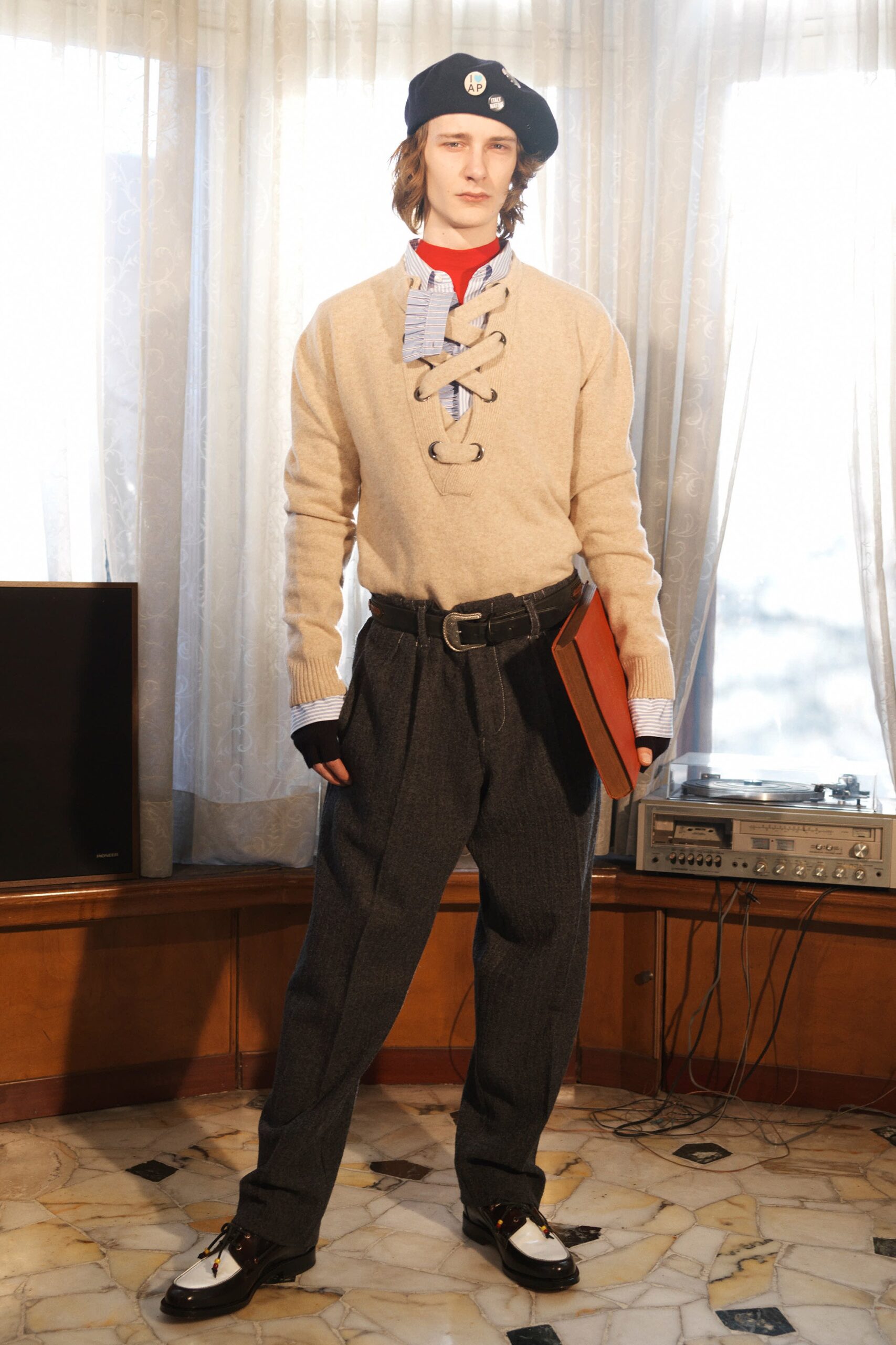 beige wool long-sleeve v-neck relaxed buttoned sweater