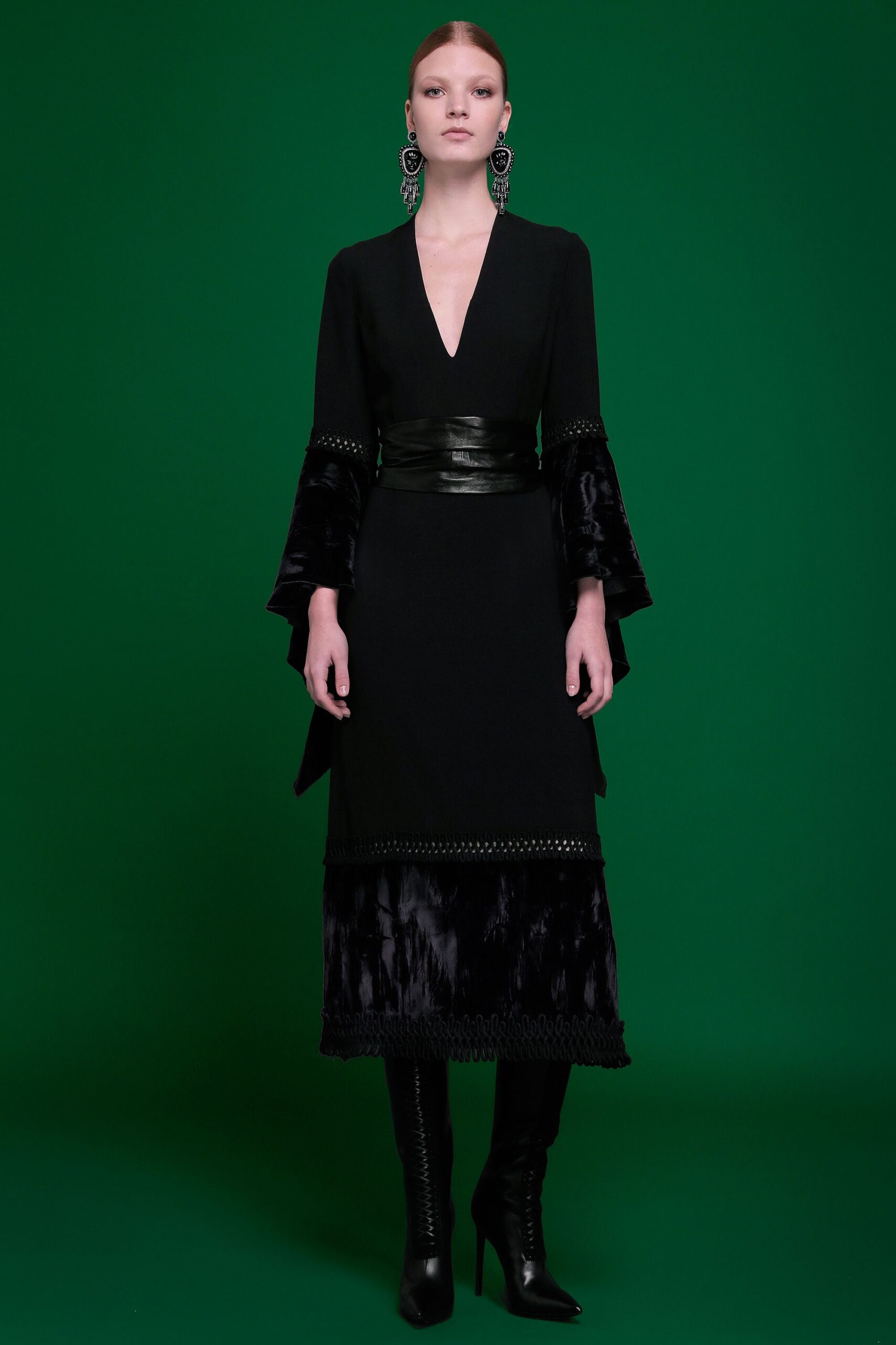 black silk long-sleeve dress