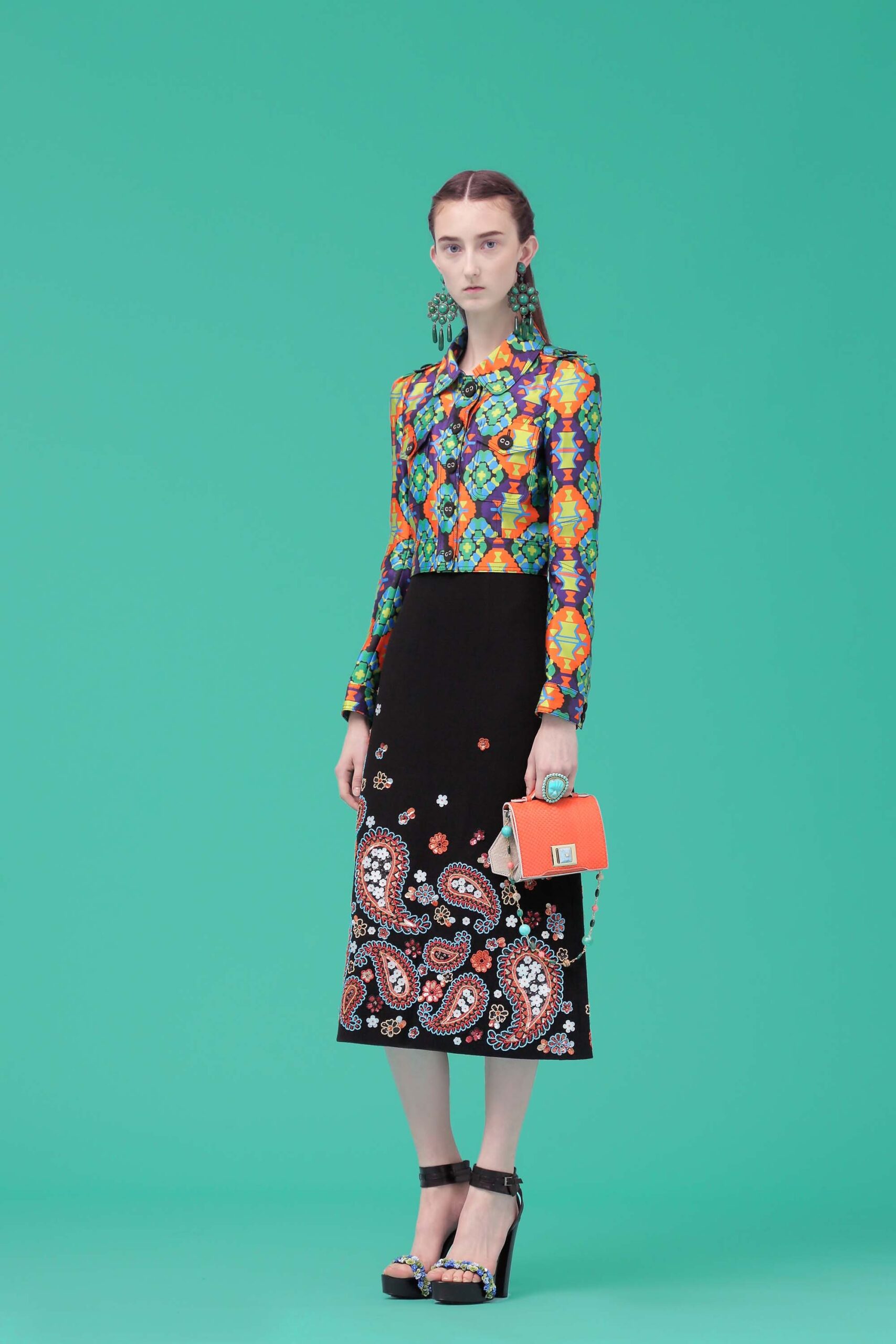 multi-colored blouse and black skirt