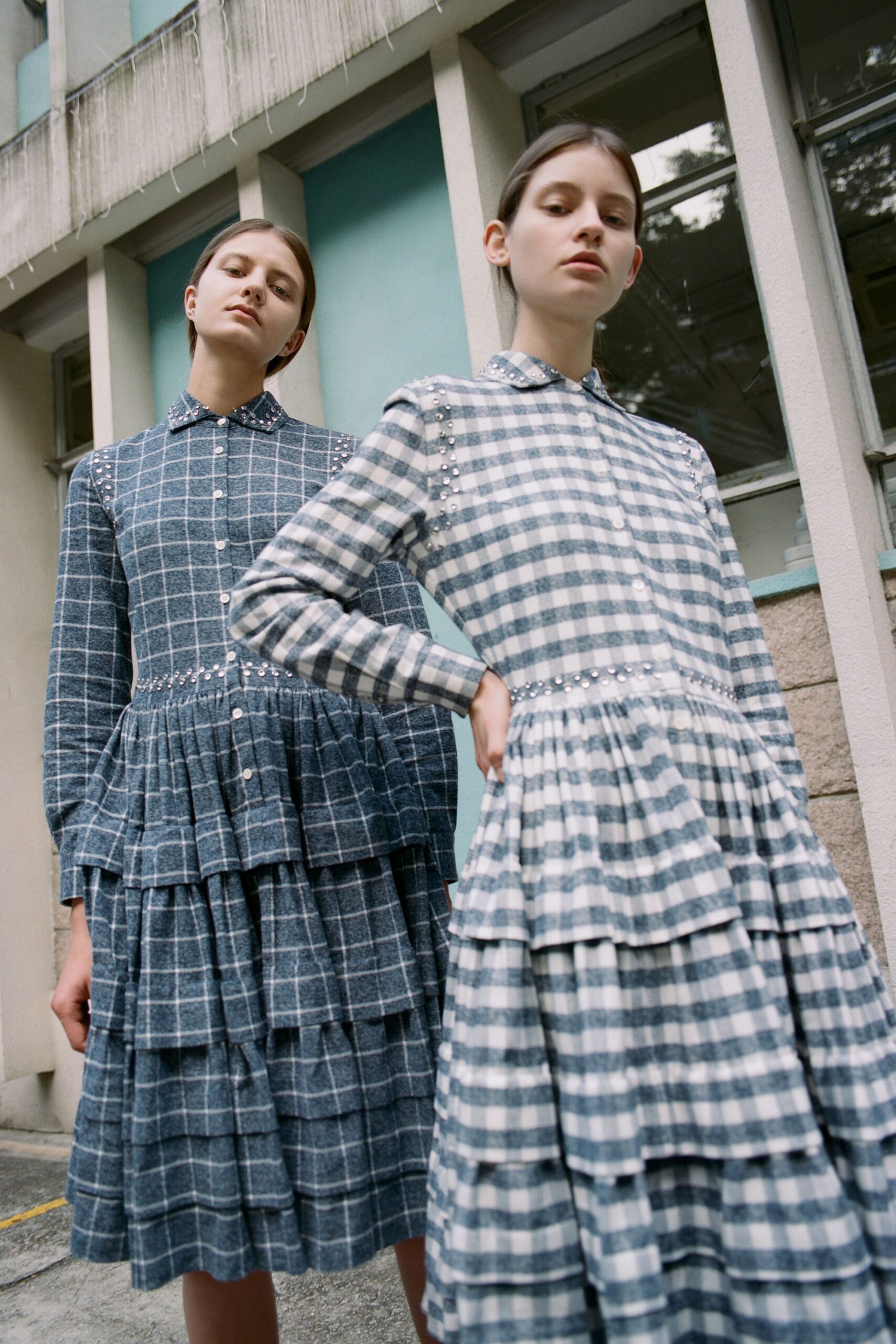 blue and white checked midi dresses