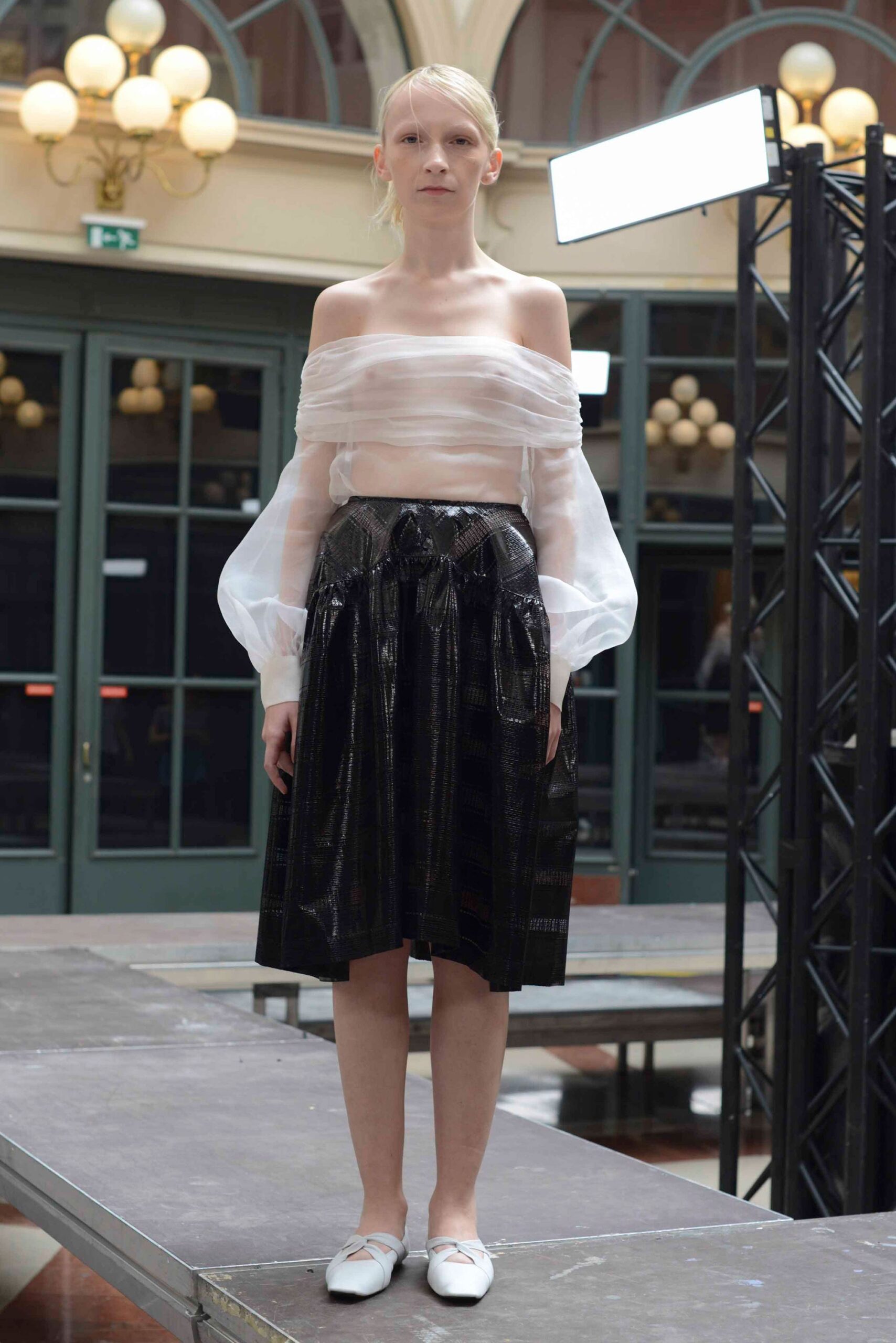 white silk sleeveless off-shoulder fitted draped sheer blouse