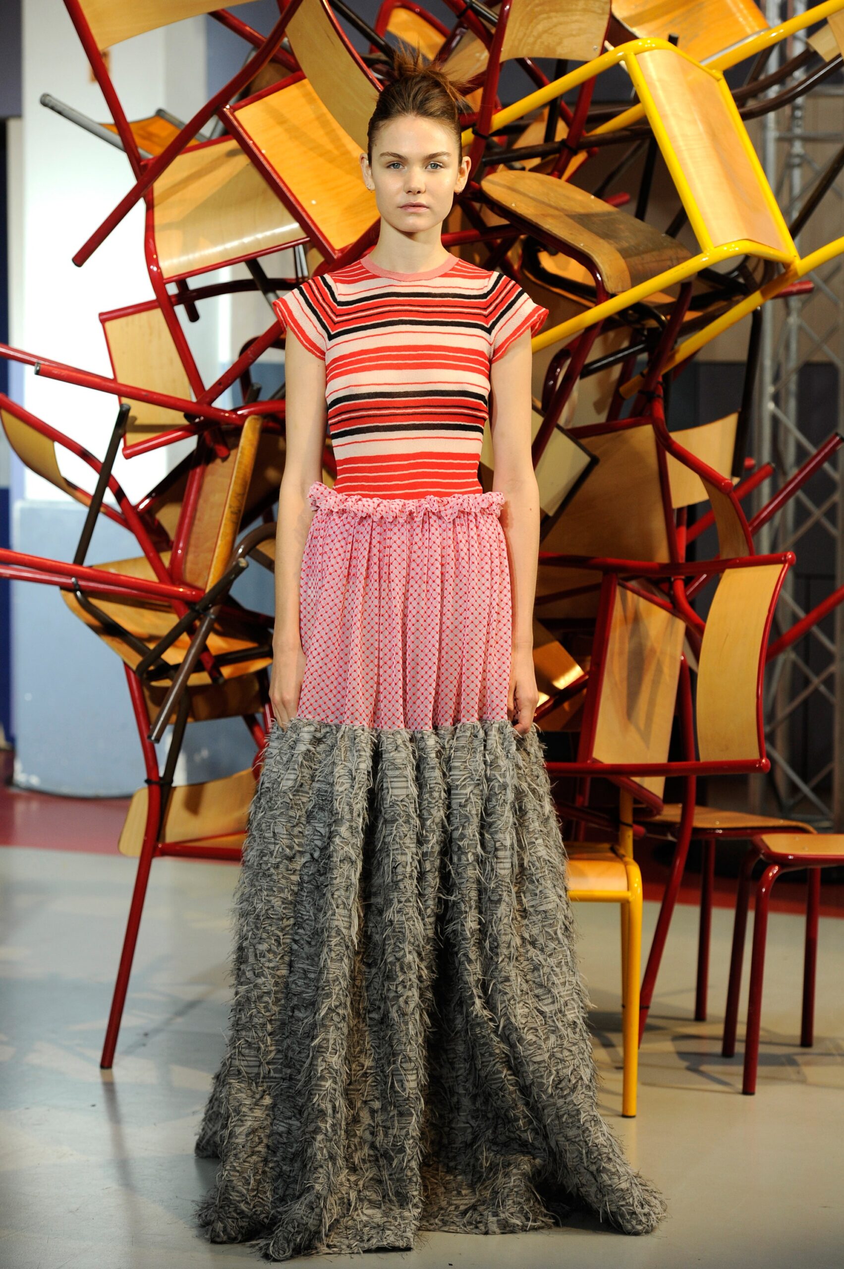 striped top with pleated maxi skirt