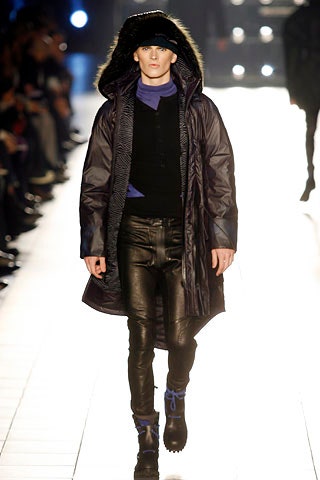 black faux-fur coat with leather pants