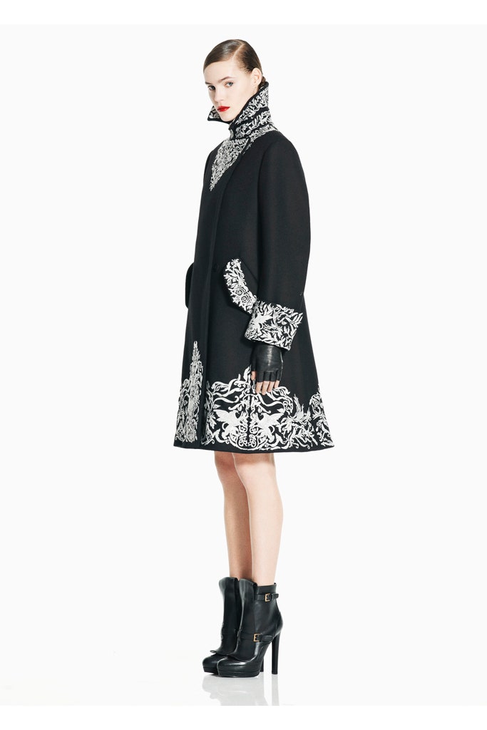 black wool embroidered coat with boots