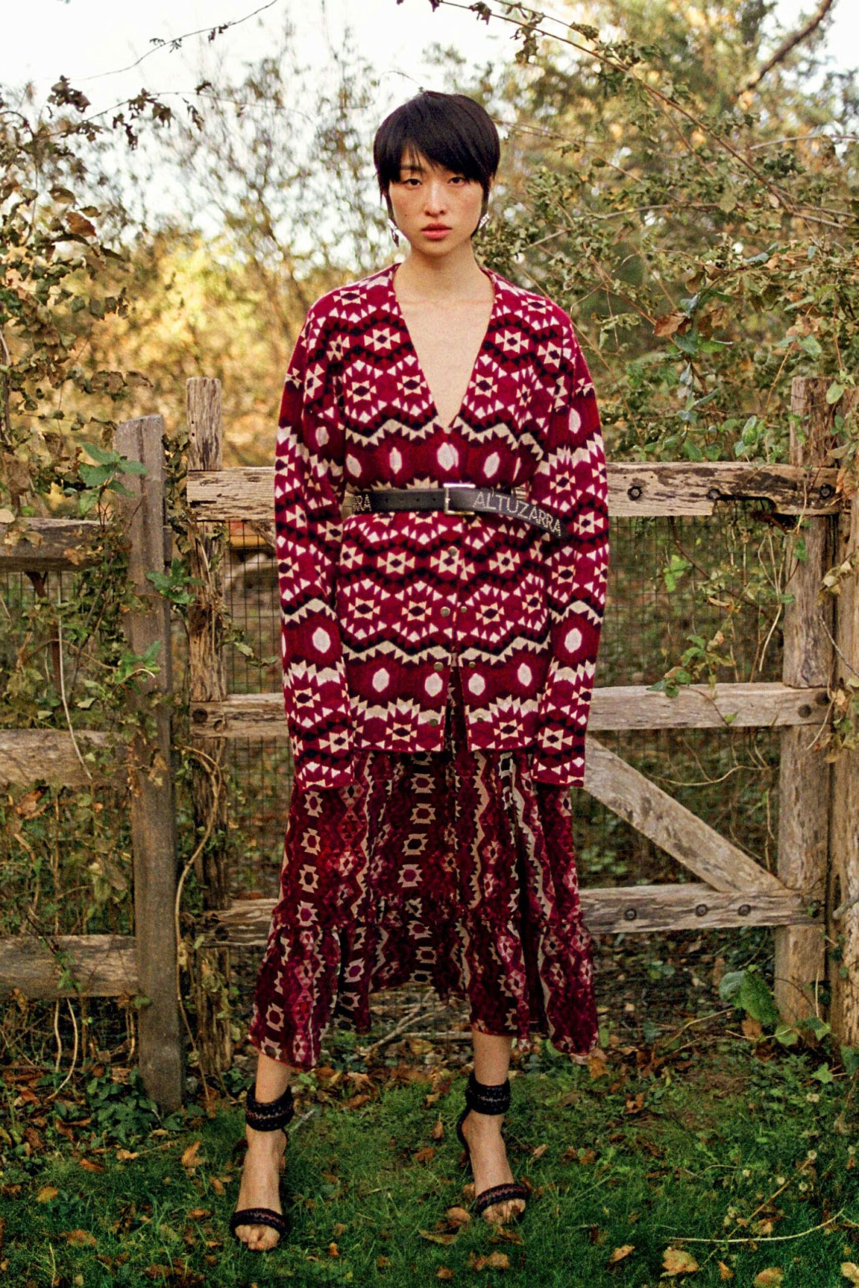 red printed cardigan with tiered skirt