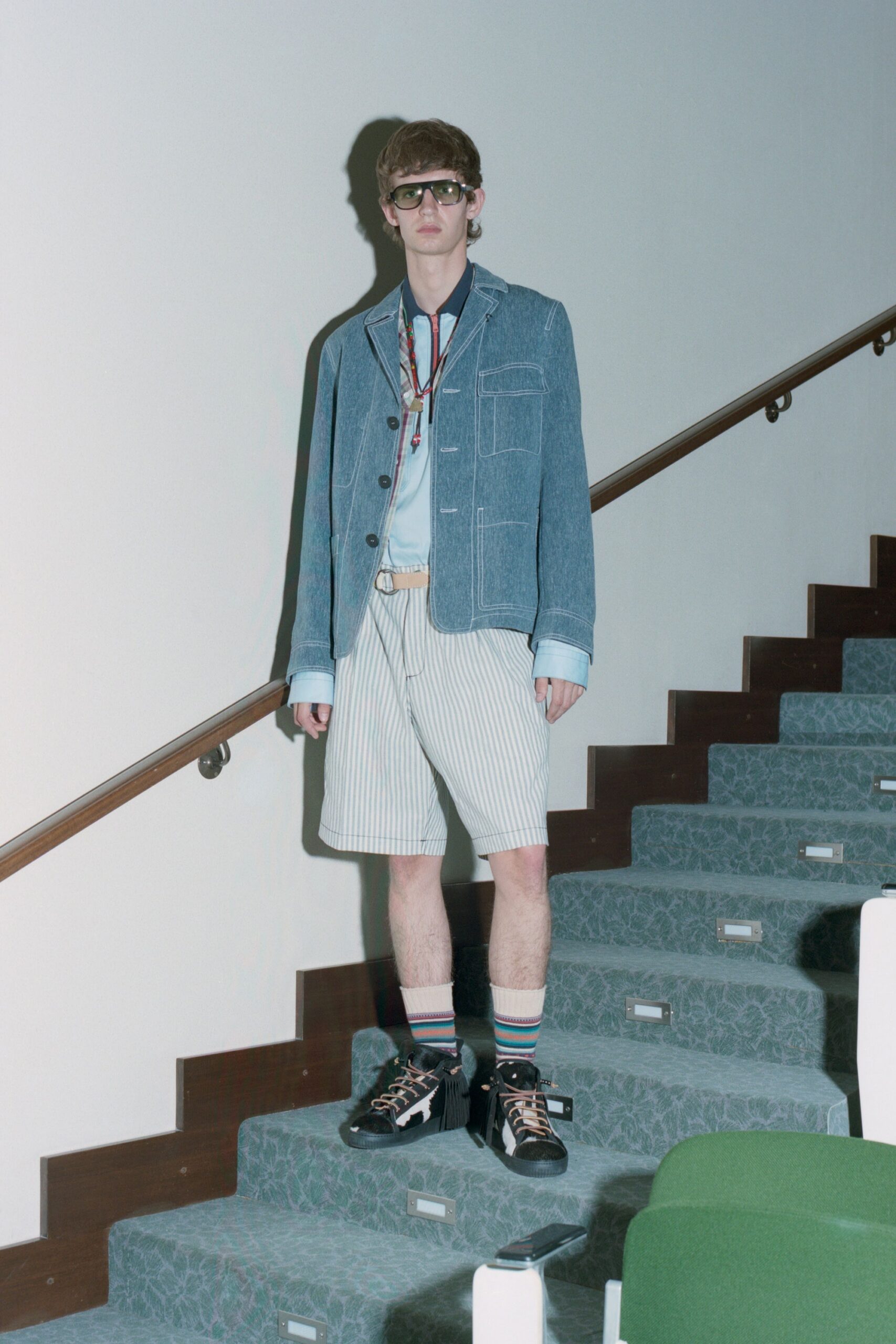 denim jacket with striped shorts