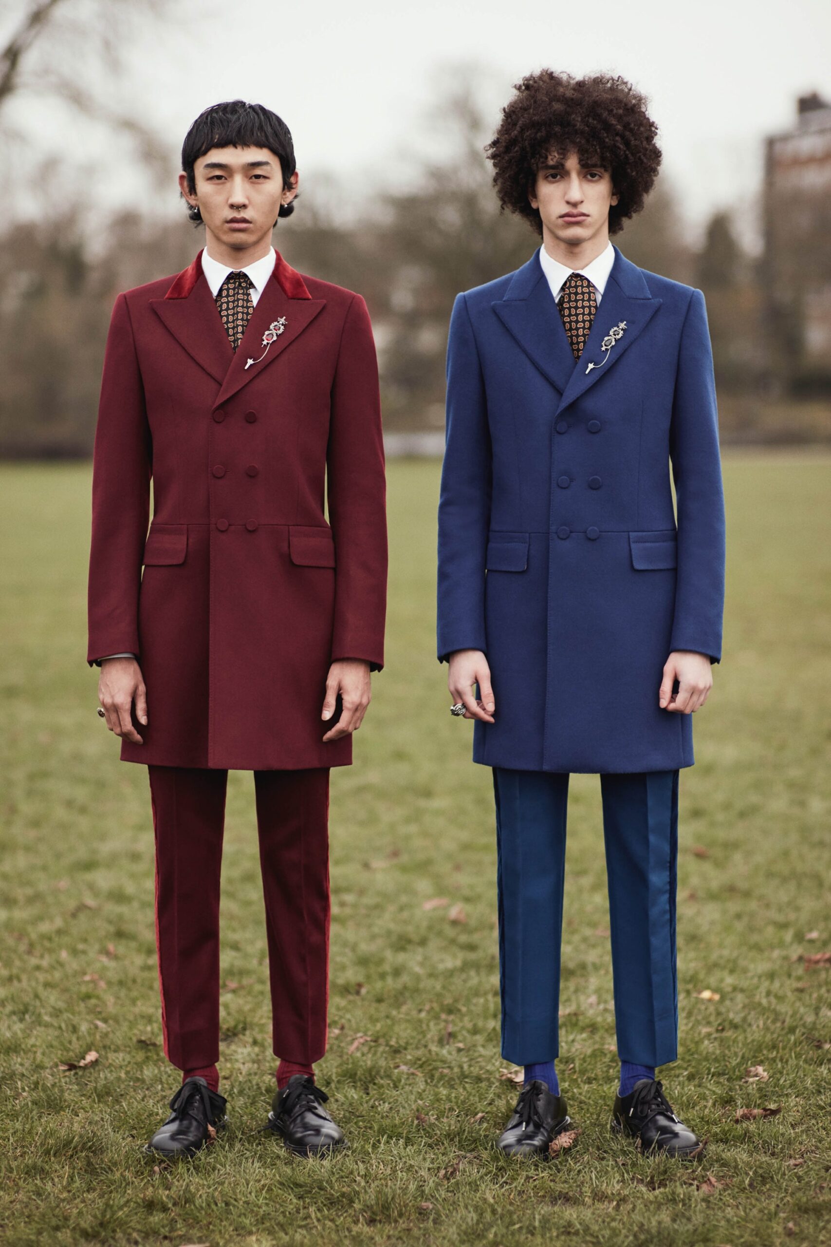 red long-sleeve collared tailored suit