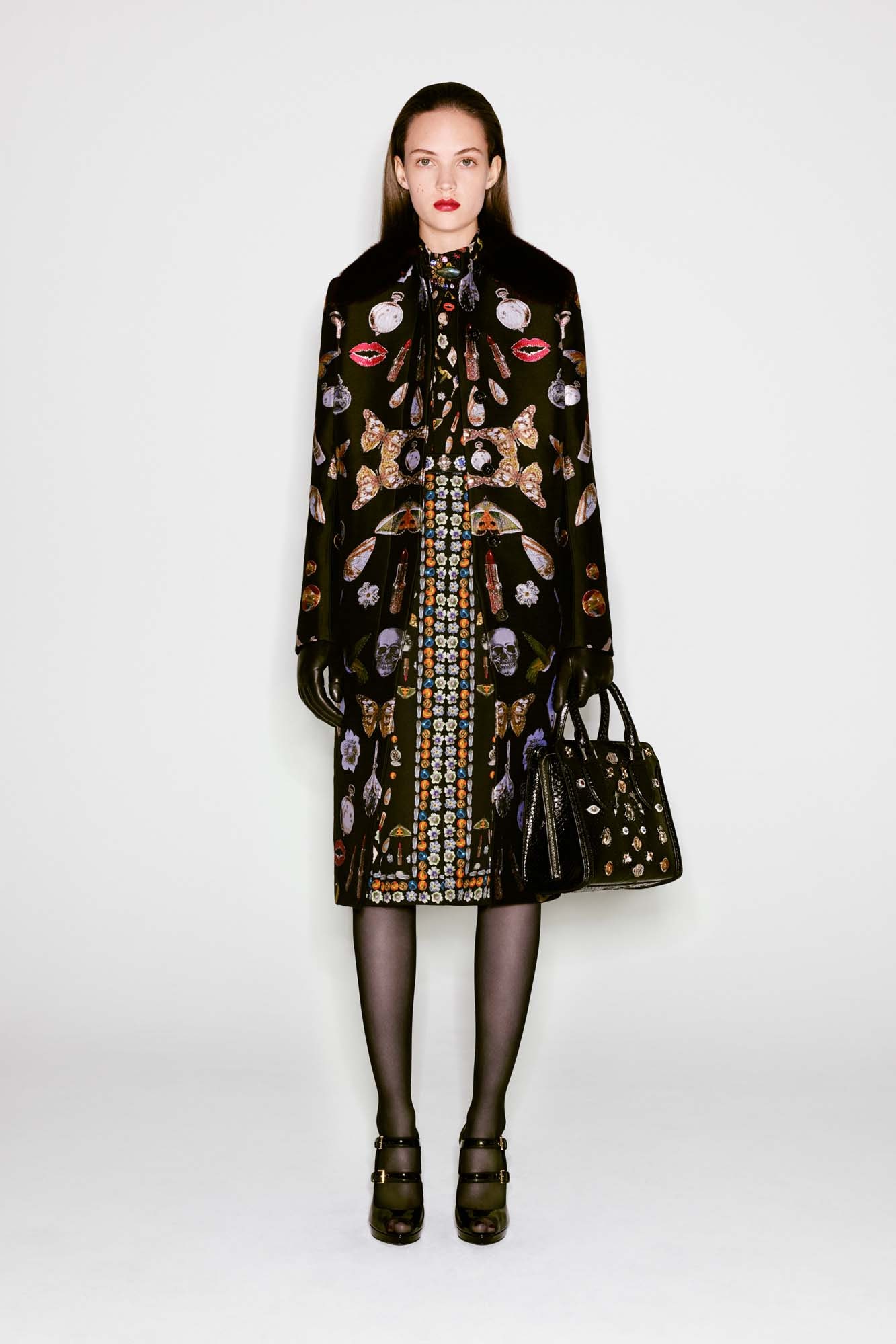 black printed midi dress with coat