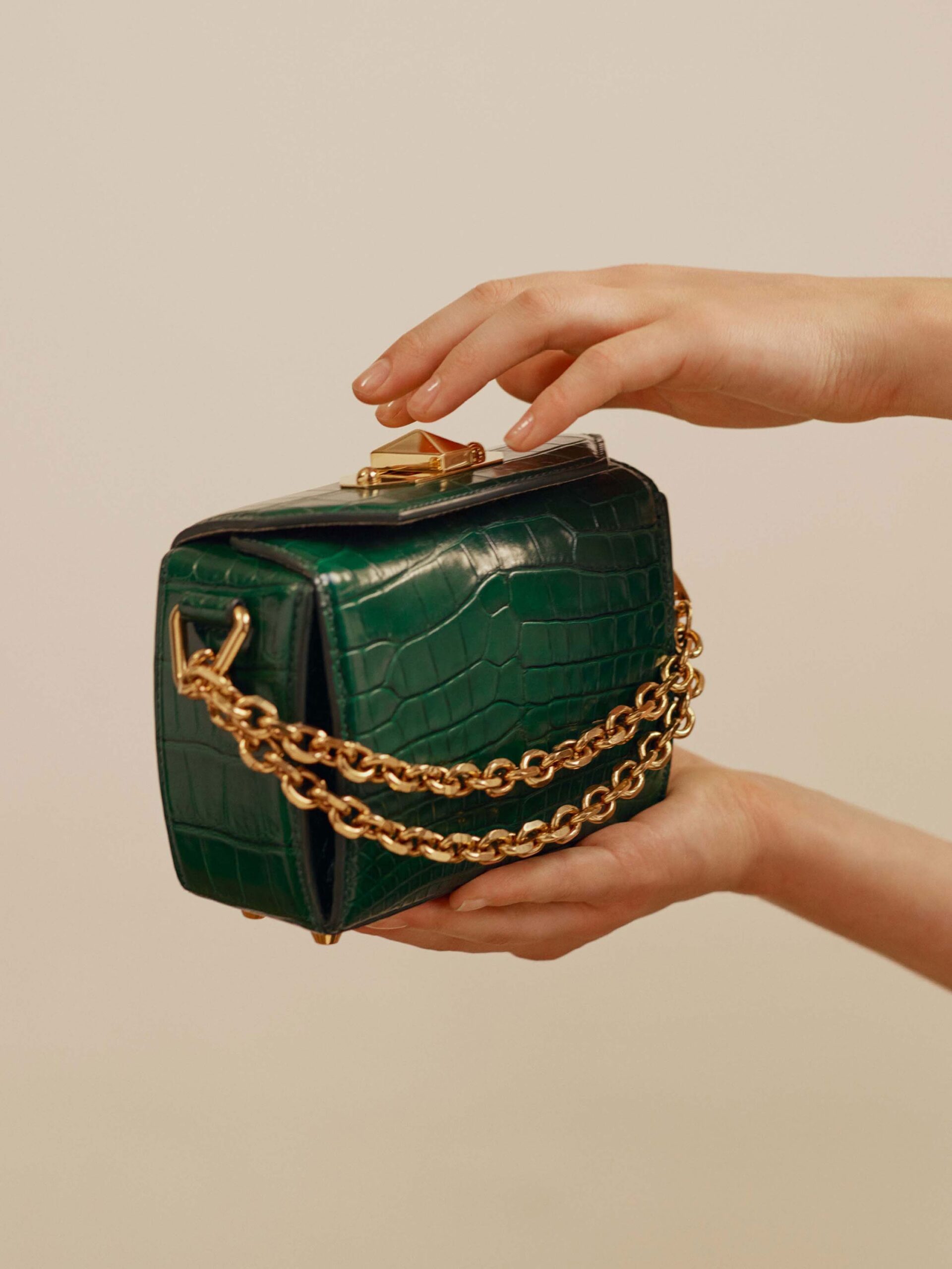 green leather structured bag