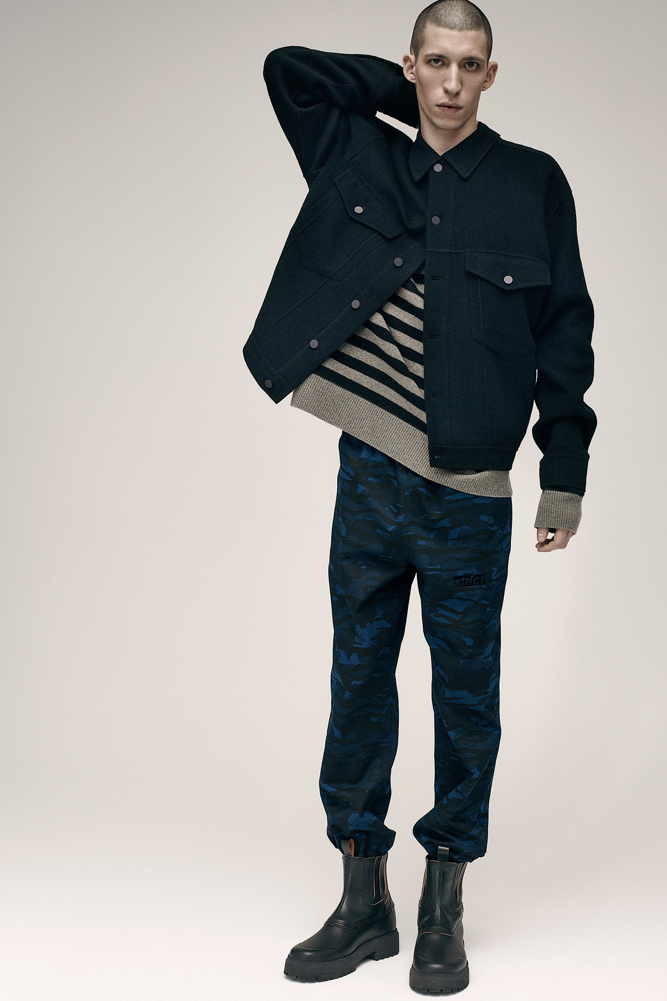 black wool jacket beige striped sweater