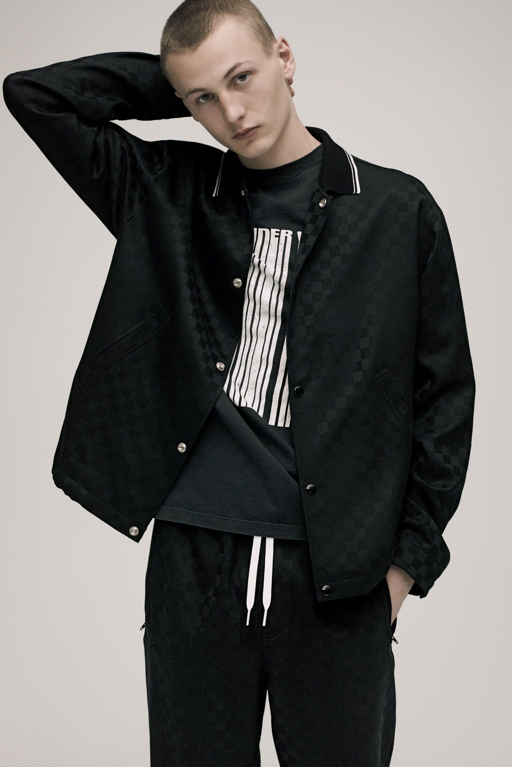 black relaxed jacket with t-shirt and pants