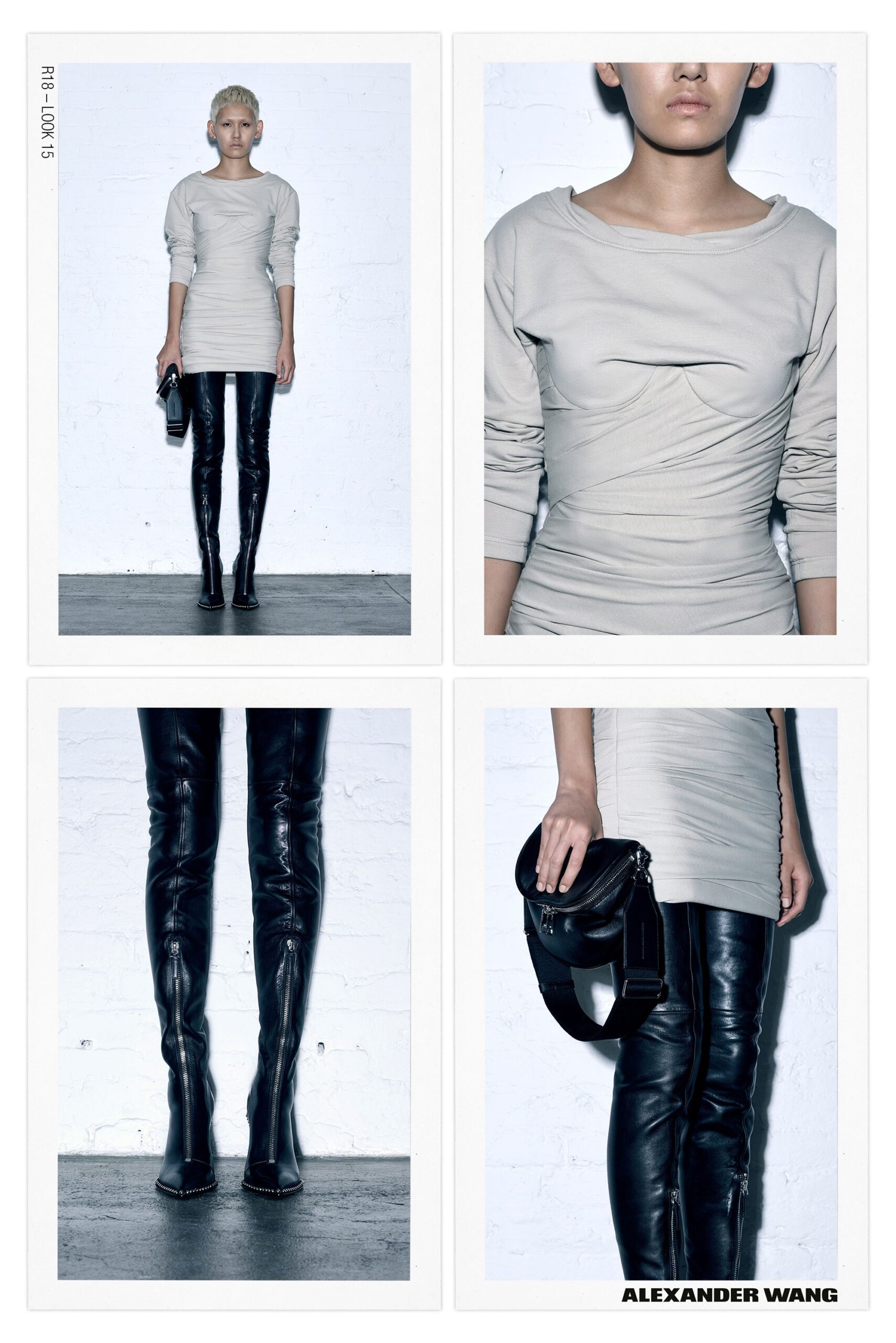 beige fitted ruched dress with black leather pants