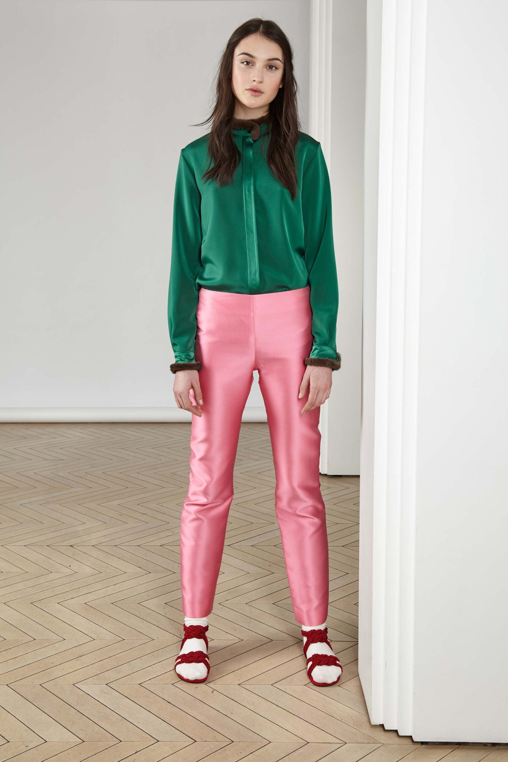 green silk shirt pink satin pants
