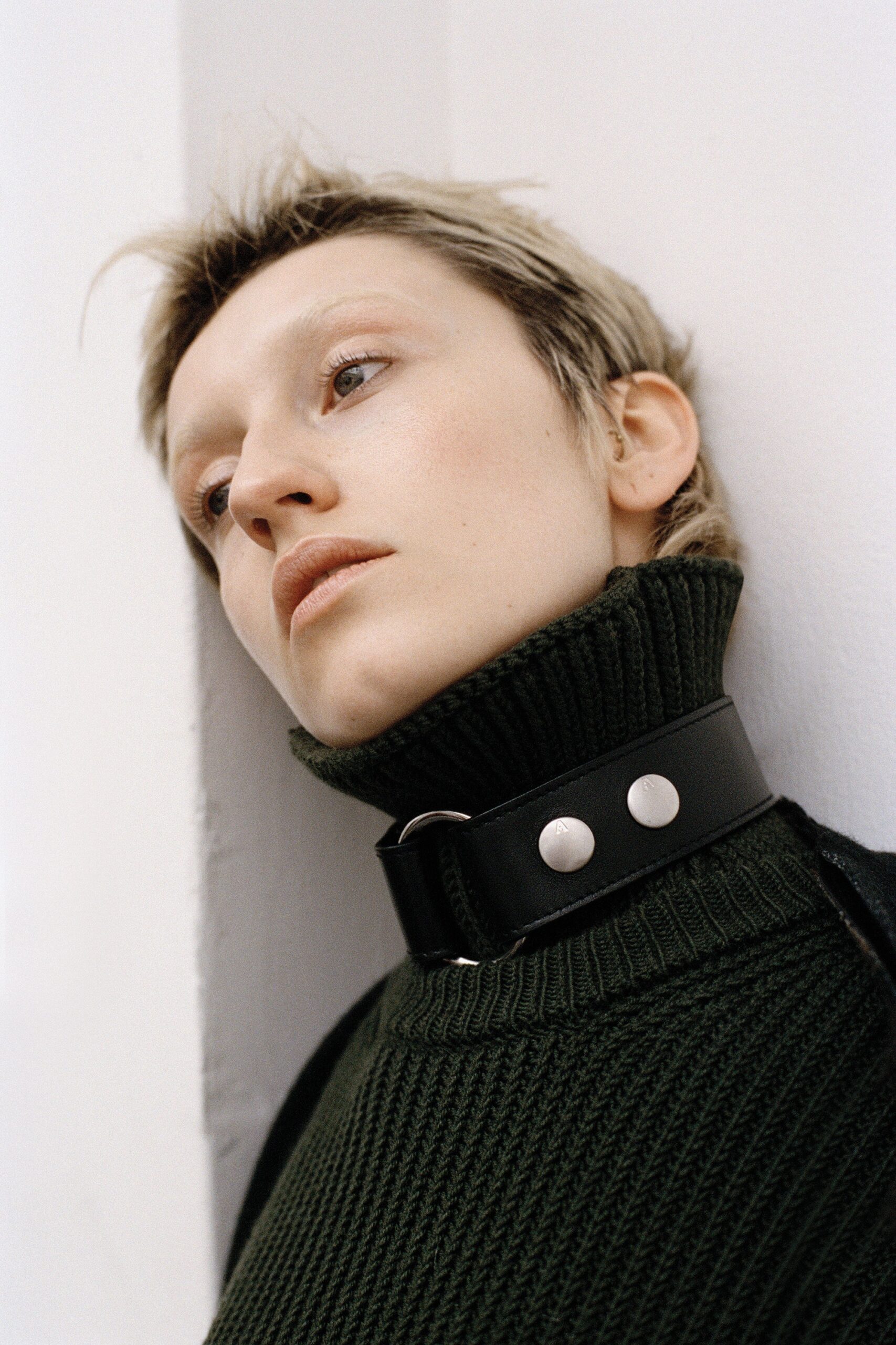 green wool long-sleeve turtleneck fitted ribbed sweater