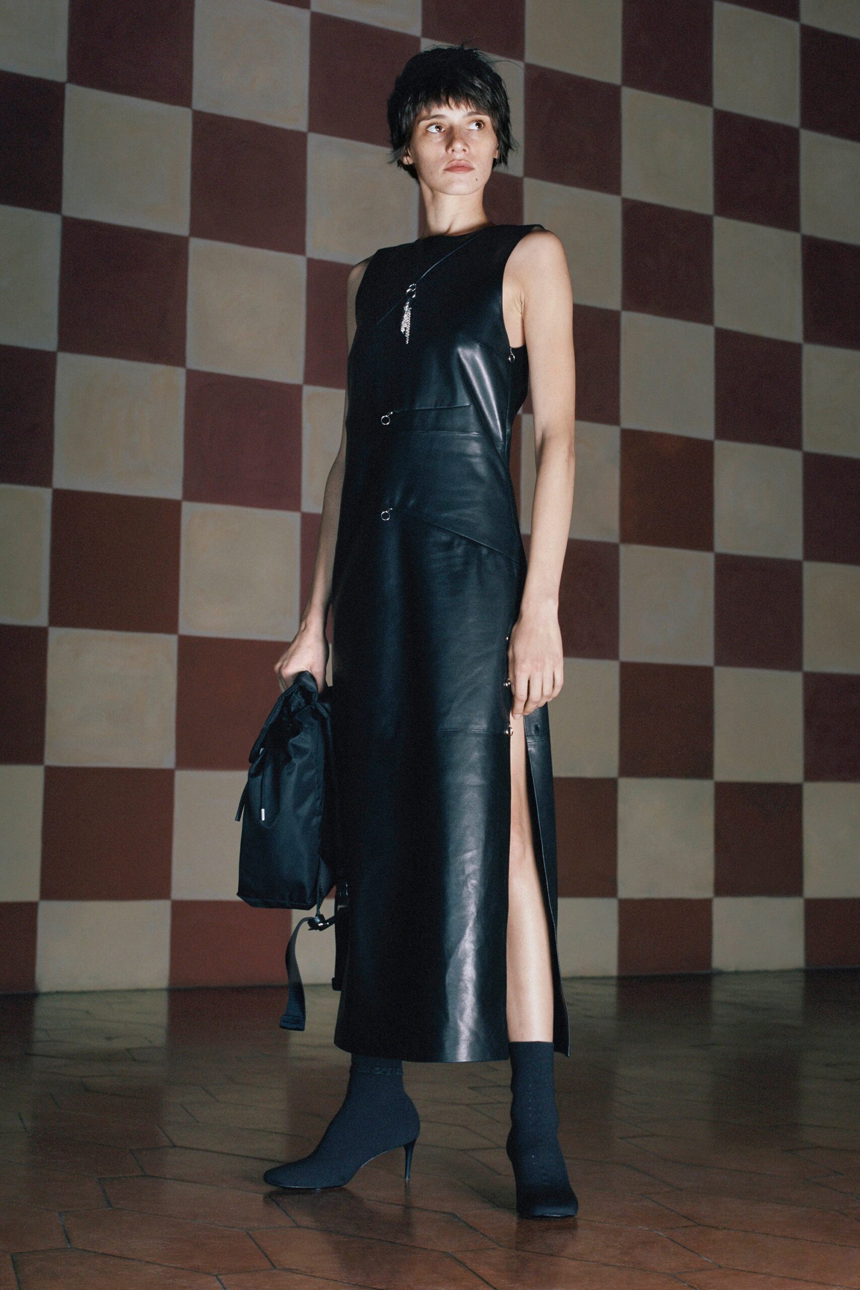 fitted black leather midi dress