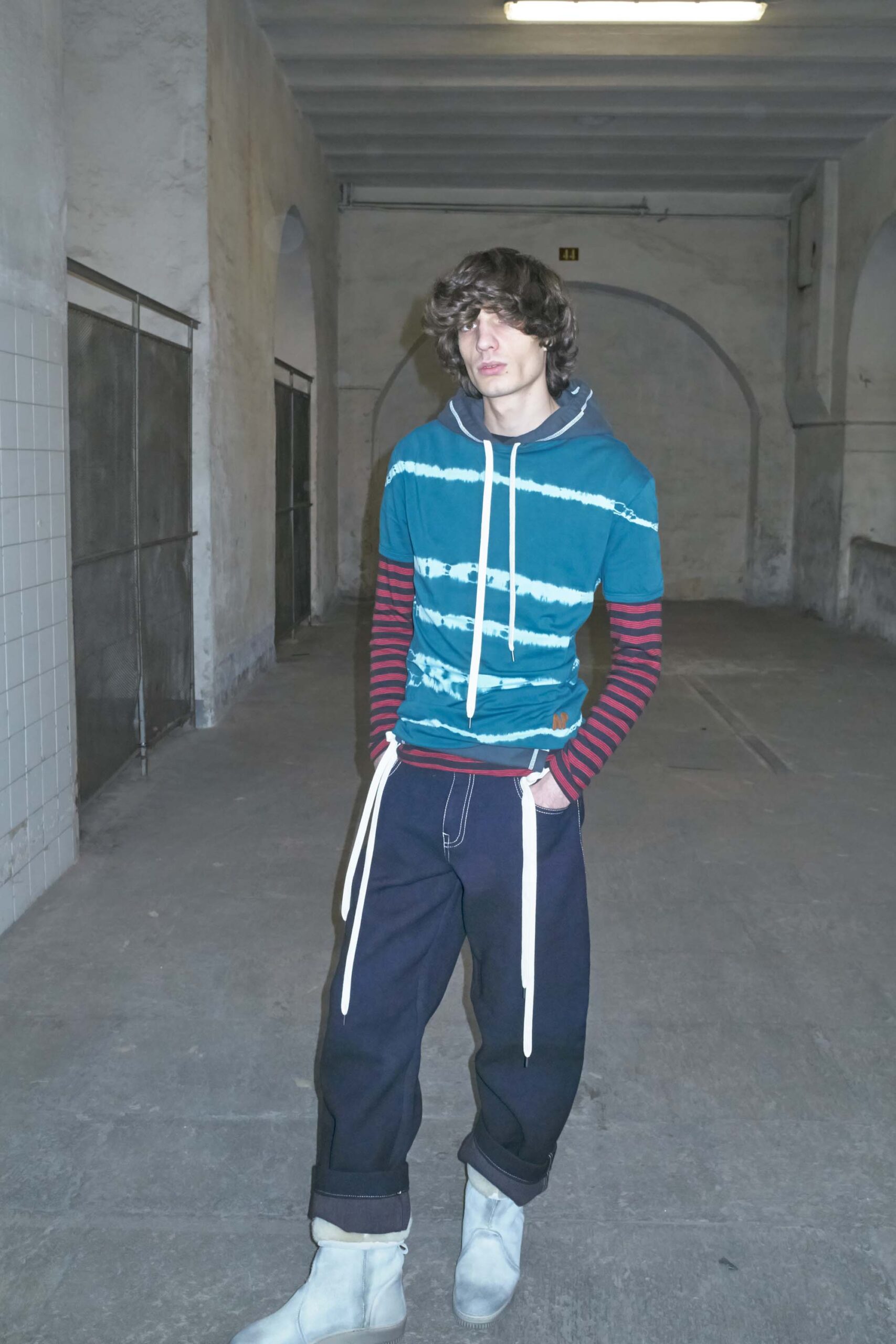 blue cotton long-sleeve hooded relaxed striped hoodie