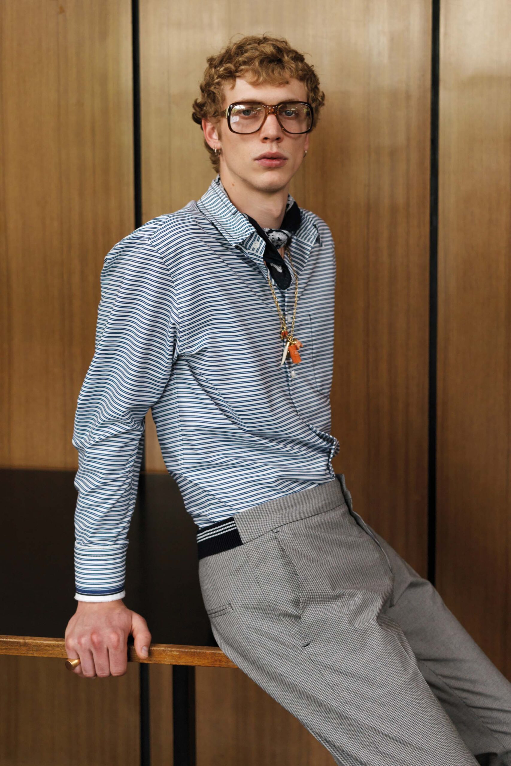 blue striped shirt gray tailored pants