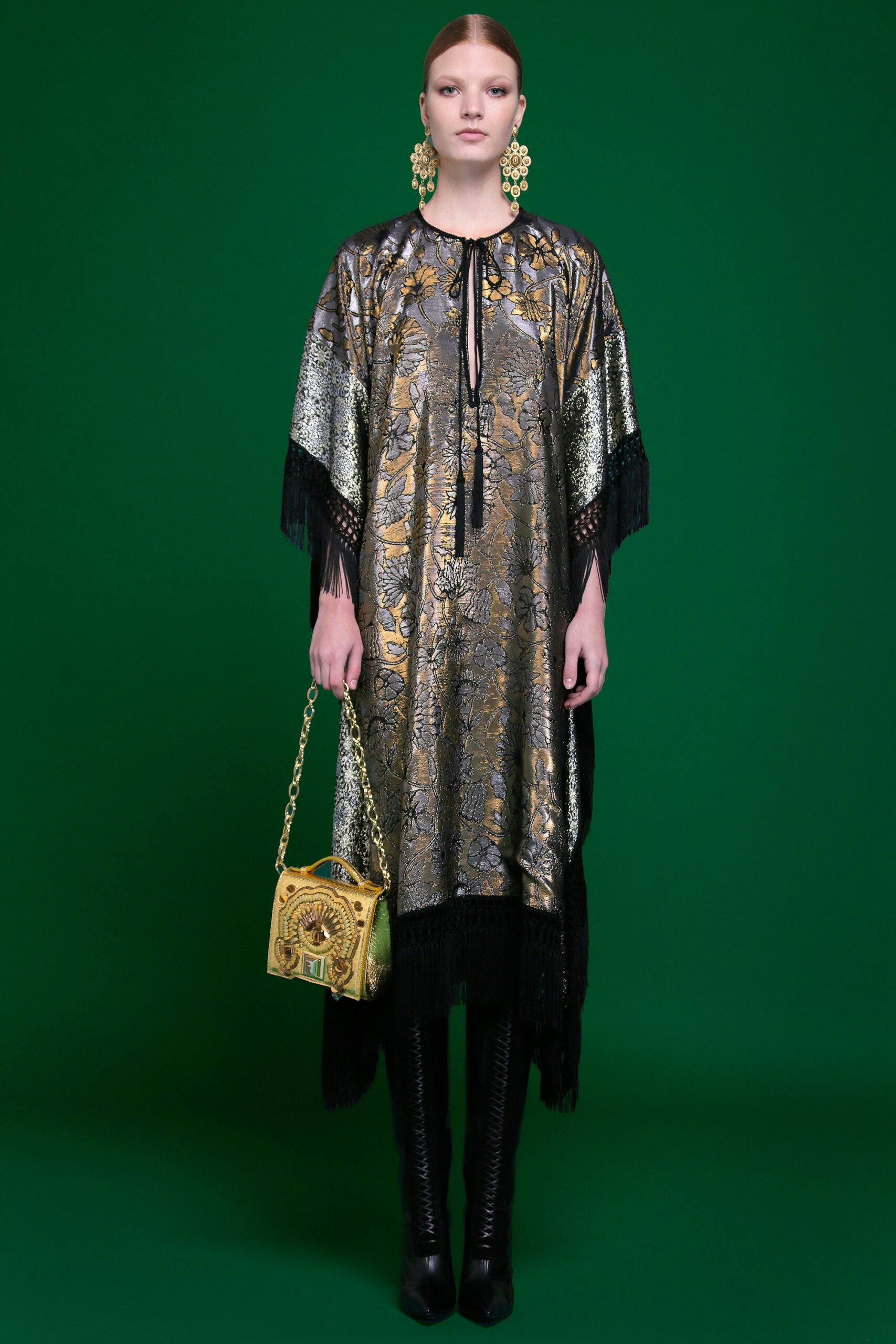 gold silk sleeveless relaxed embroidered fringed shiny cape